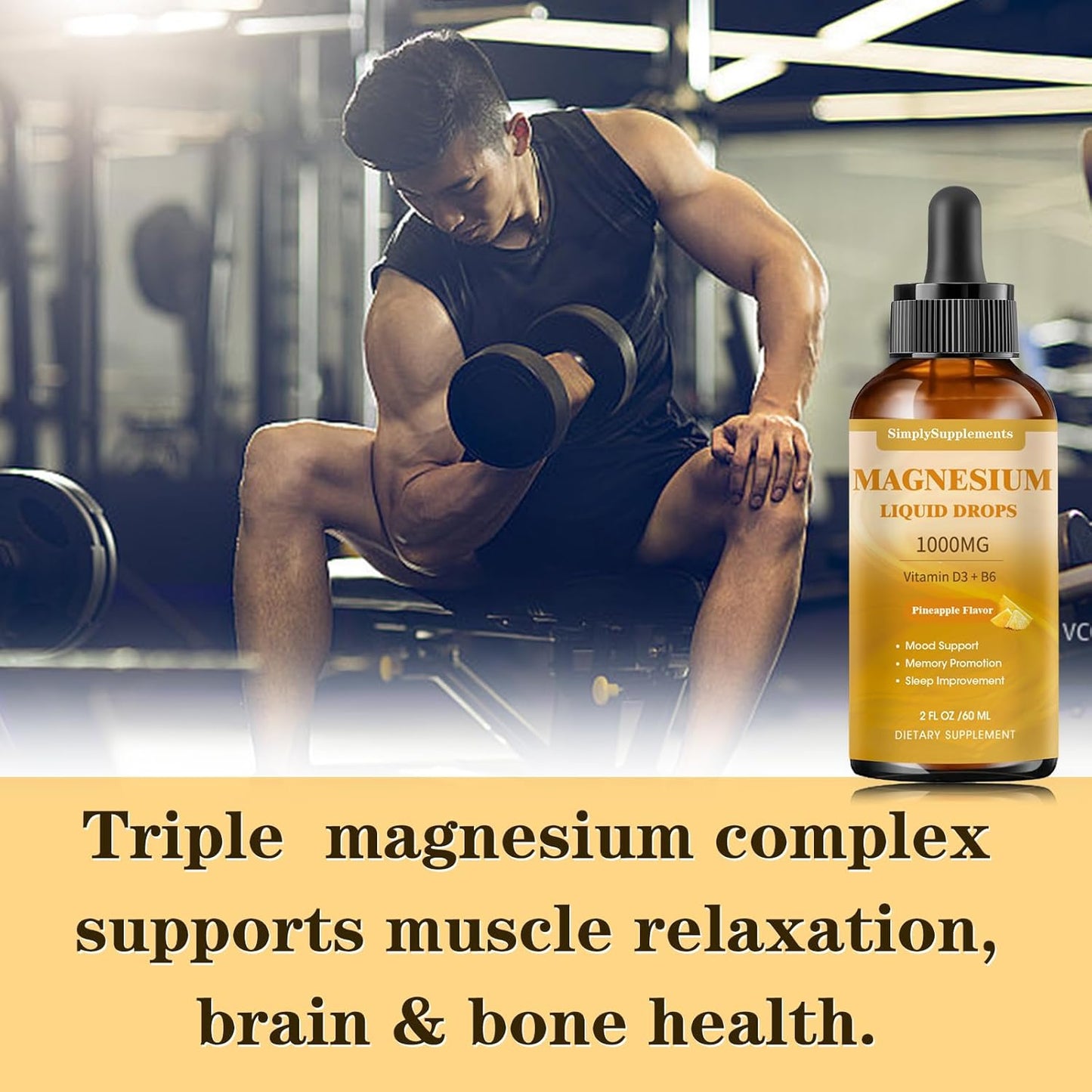 High Absorption Magnesium Glycinate Liquid Drops with Citrate, Taurate, L-Theanine, Vitamin D3 & B6 for Sleep and Calm - Pineapple Flavor - 2 Fl Oz