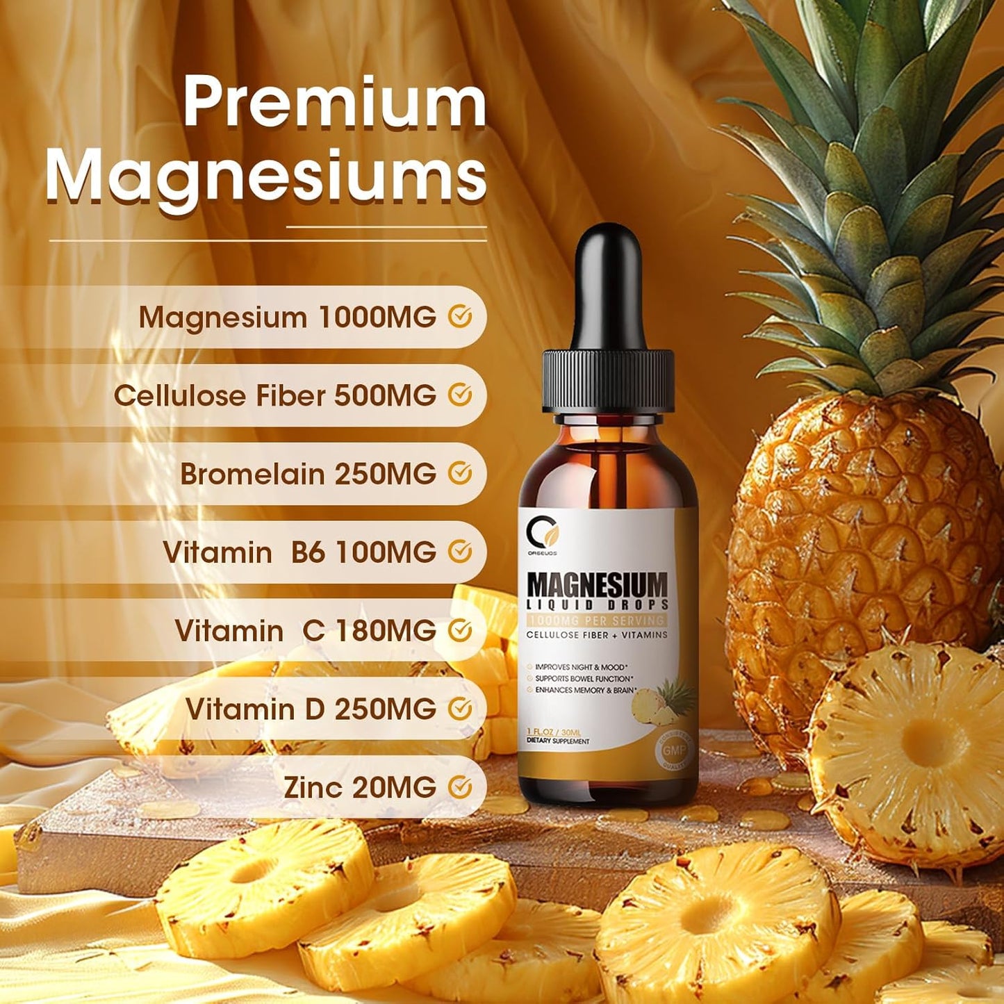 High Absorption Magnesium Glycinate Liquid Drops with Bromelain, Vitamin B6, C, D for Night, Muscle & Energy Support - 1000mg Liquid Magnesium Supplement for Men and Women