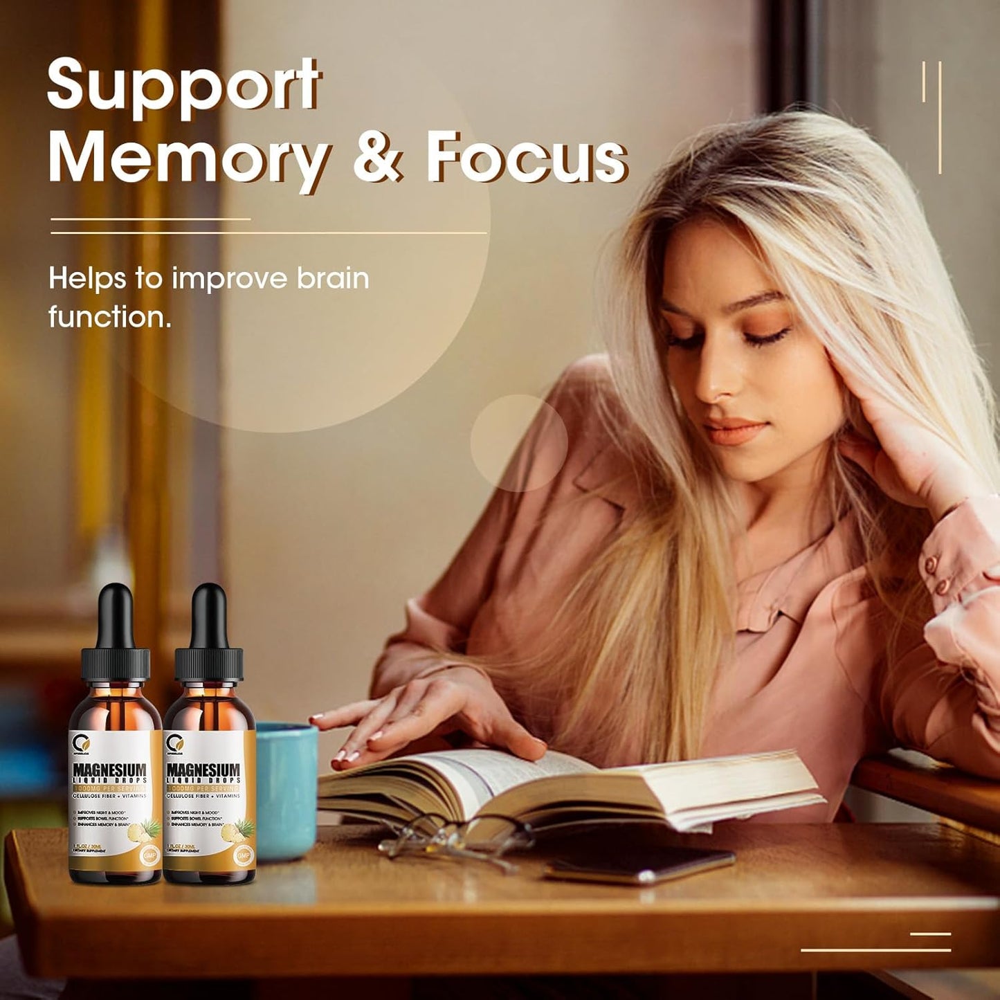 High Absorption Magnesium Glycinate Liquid Drops with Bromelain, Vitamin B6, C, D for Night, Muscle & Energy Support - 1000mg Liquid Magnesium Supplement for Men and Women