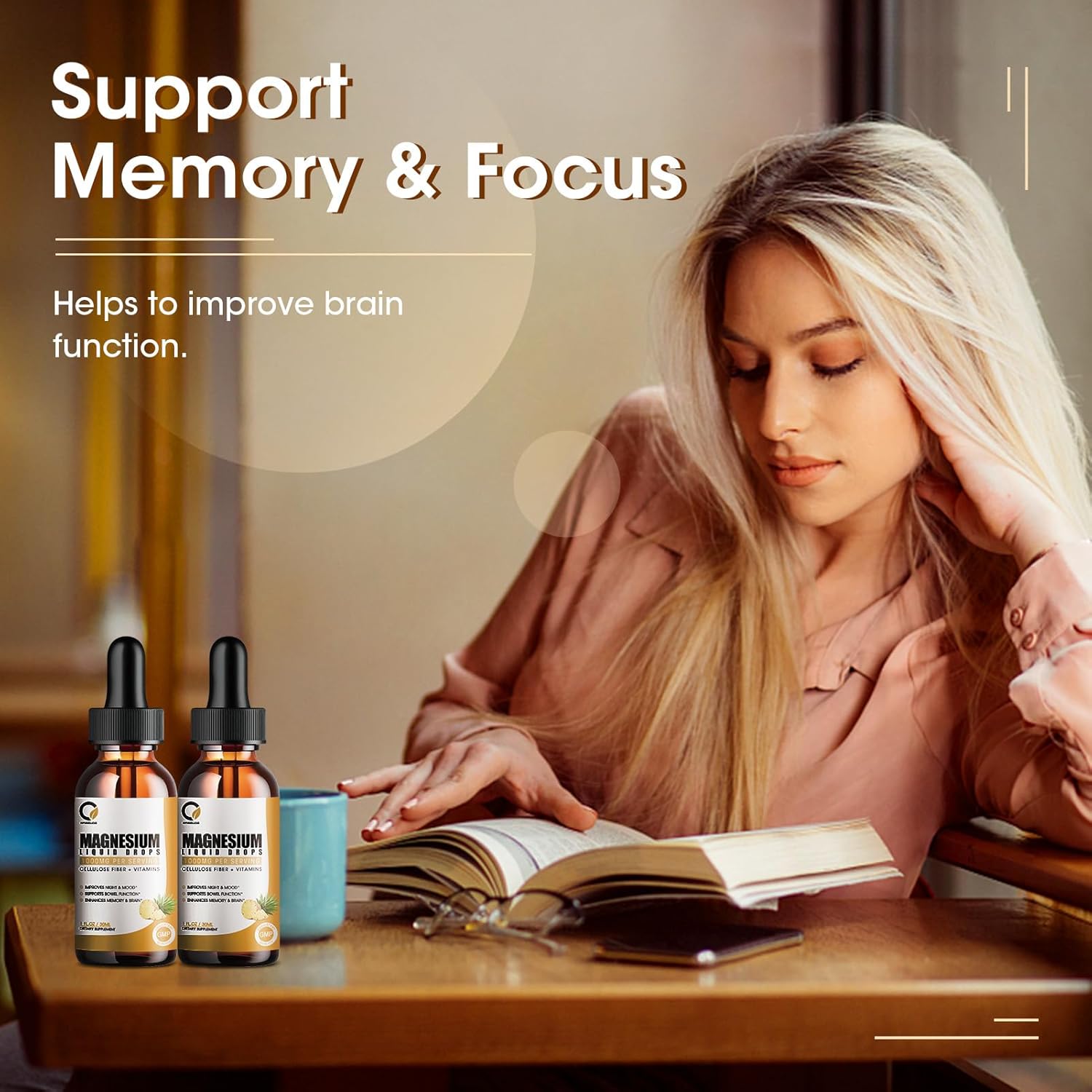 High Absorption Magnesium Glycinate Liquid Drops with Bromelain, Vitamin B6, C, D for Night, Muscle & Energy Support - 1000mg Liquid Magnesium Supplement for Men and Women