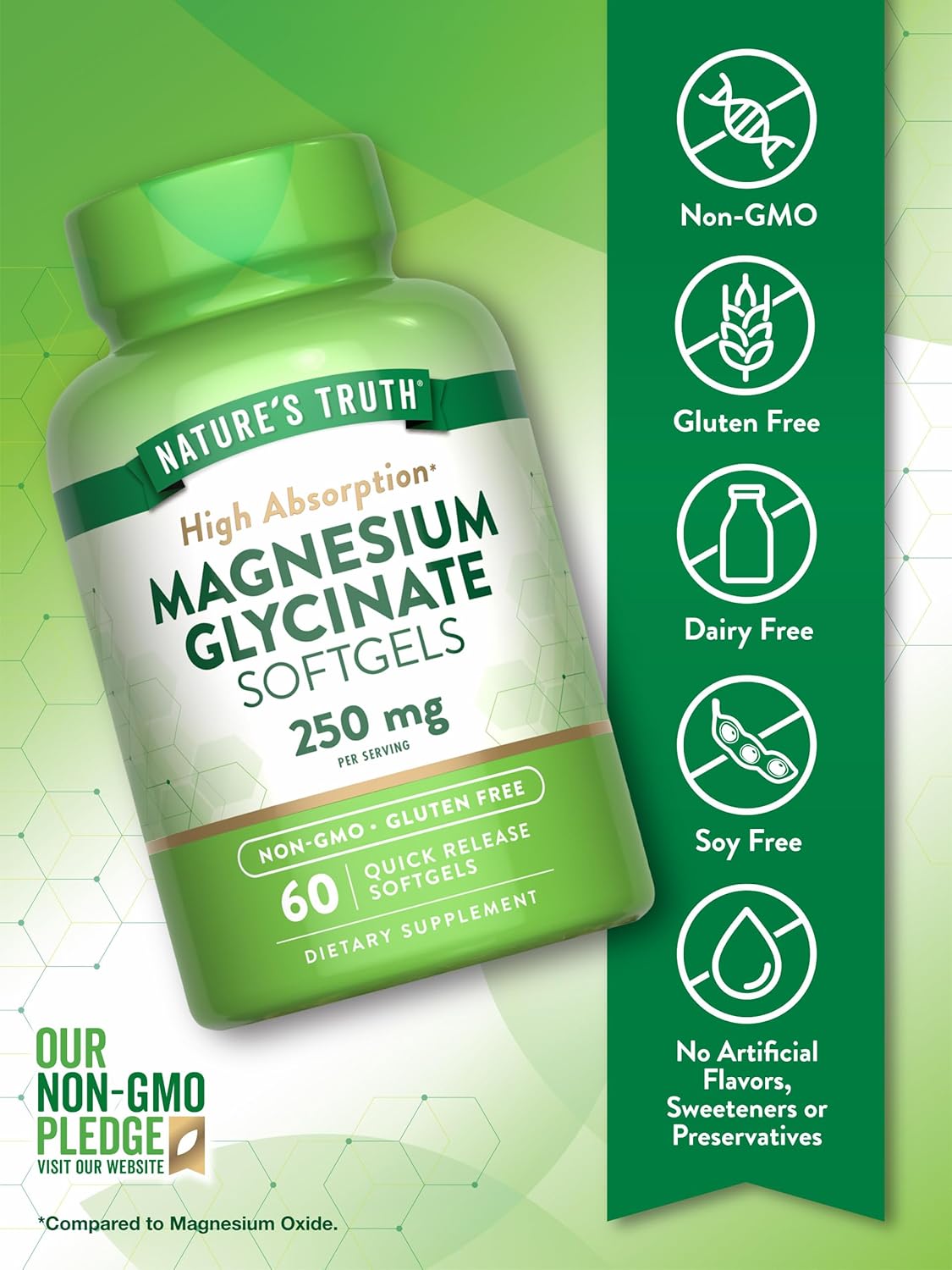 High Absorption Magnesium Glycinate Softgels 250mg | 60 Count | Non-GMO & Gluten Free Nature's Truth Mineral Supplement