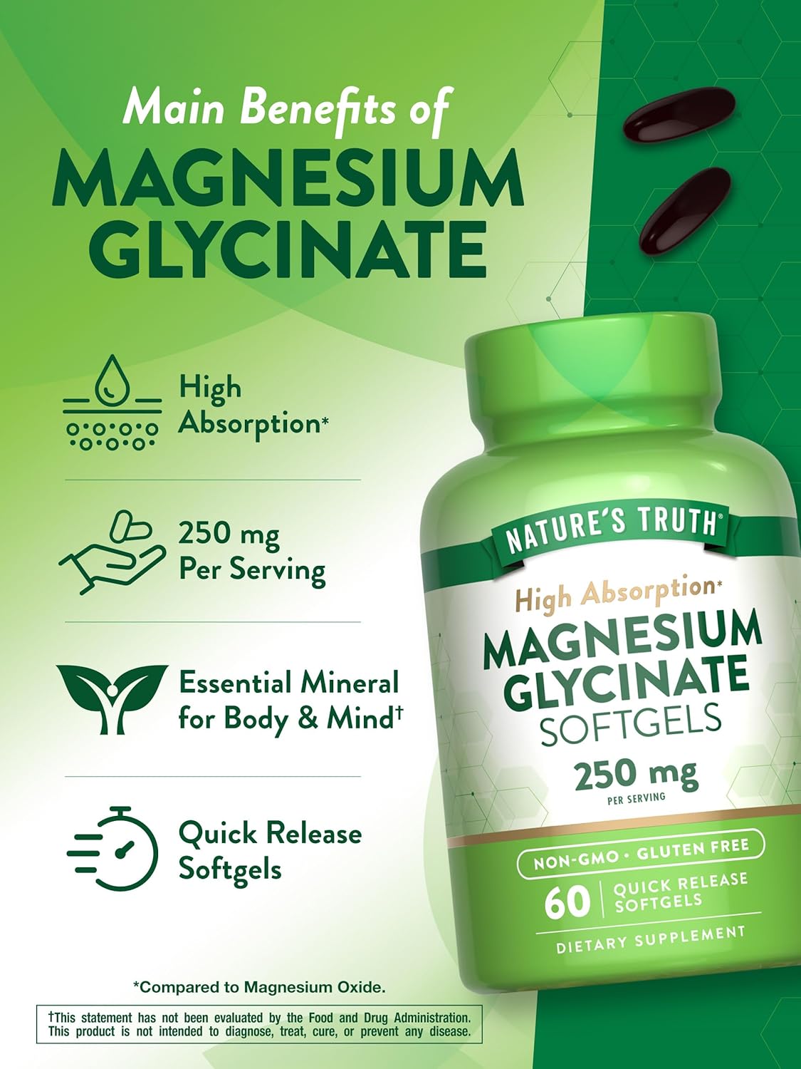 High Absorption Magnesium Glycinate Softgels 250mg | 60 Count | Non-GMO & Gluten Free Nature's Truth Mineral Supplement