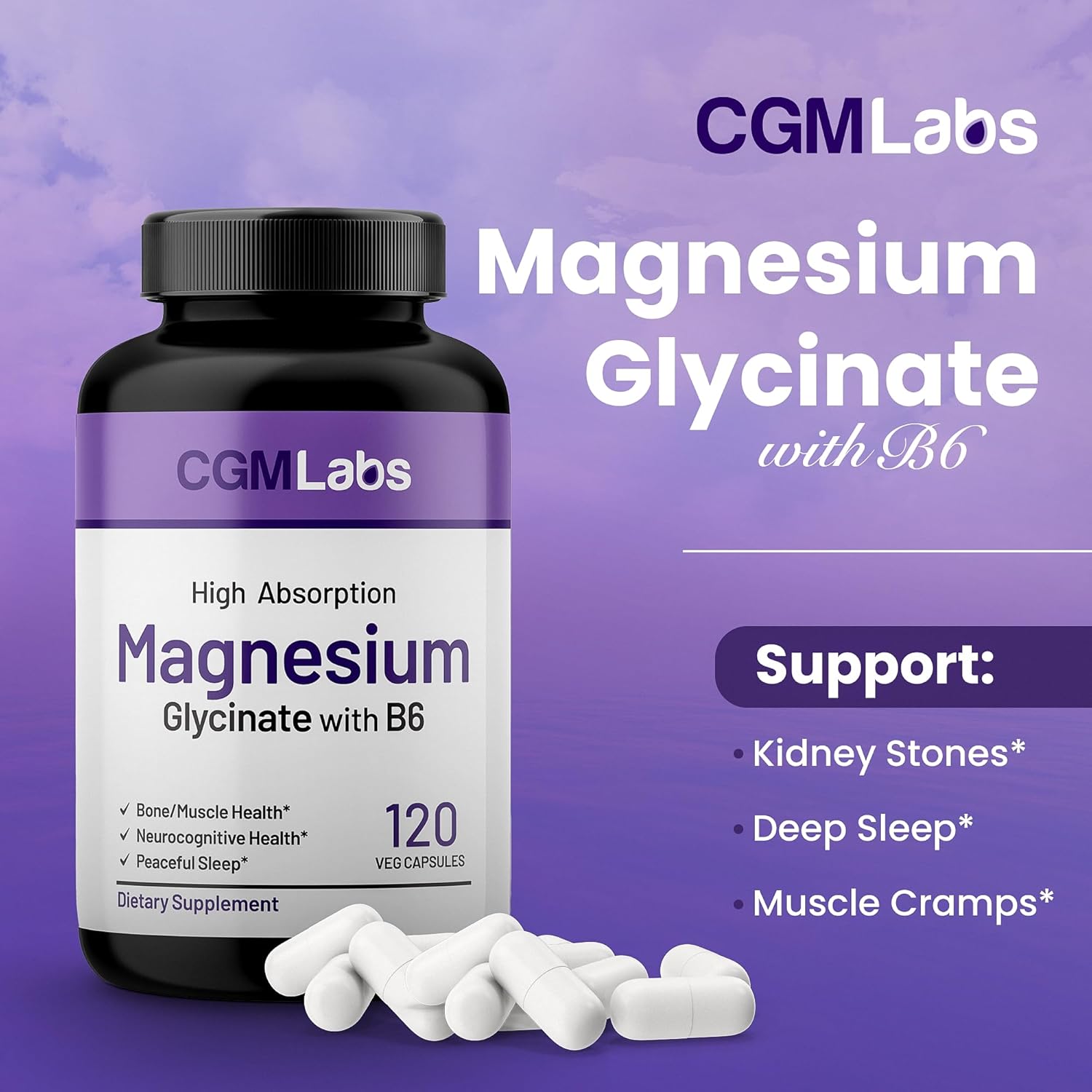 High Absorption Magnesium Glycinate & Vitamin B6 Supplement for Energy, Calm, Relaxation, and Muscle Health - Non-GMO, Gluten-Free, 3rd Party Tested by CGMLabs