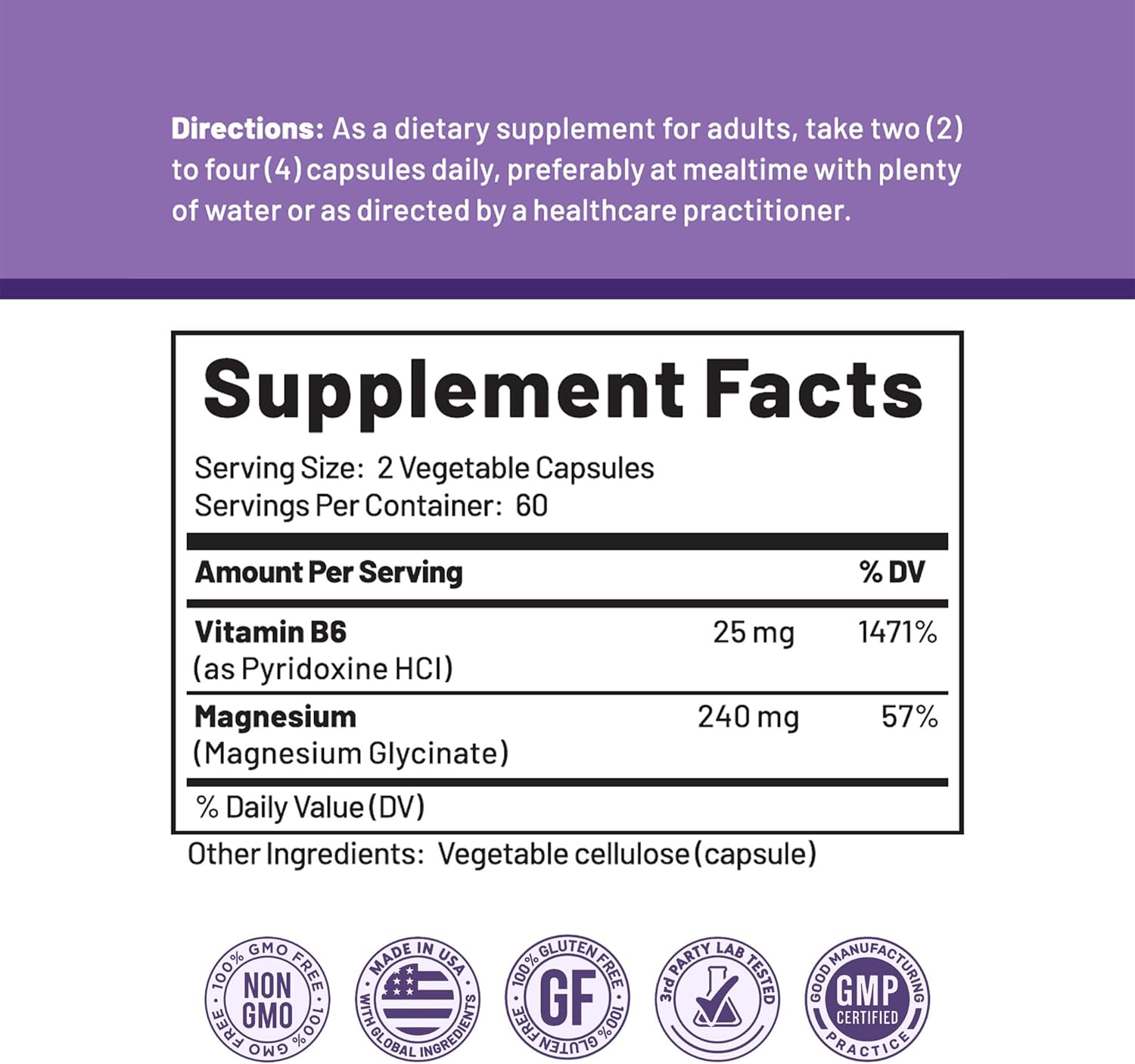 High Absorption Magnesium Glycinate & Vitamin B6 Supplement for Energy, Calm, Relaxation, and Muscle Health - Non-GMO, Gluten-Free, 3rd Party Tested by CGMLabs