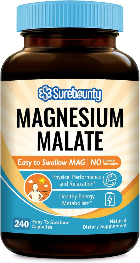 High Absorption Magnesium Malate Capsules 410mg - Chelated Supplement for Energy, Muscle Support, and Leg Cramps Relief - 240 Vegan Caps - Children, Teens, Adults - Surebounty