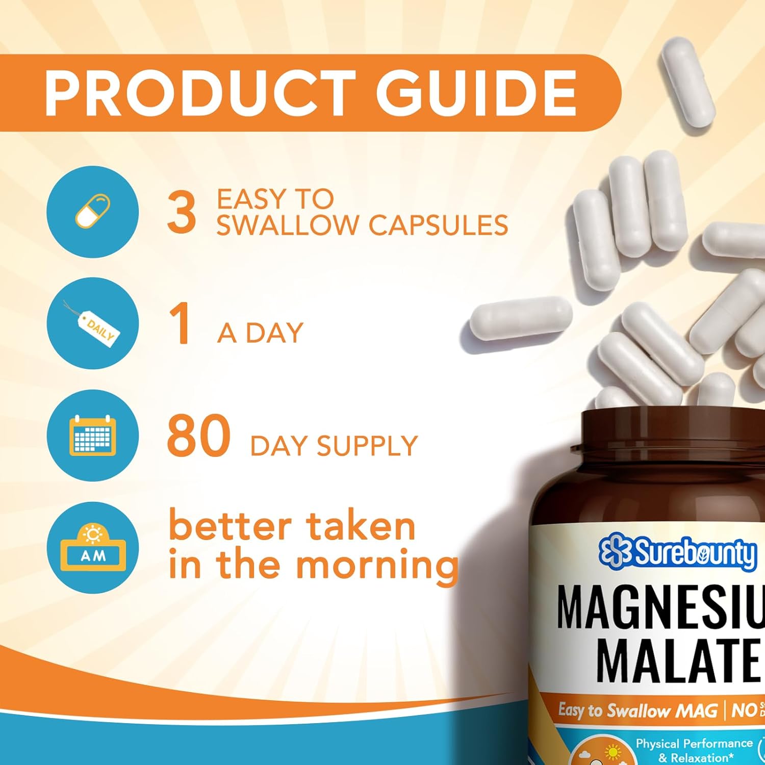 High Absorption Magnesium Malate Capsules 410mg - Chelated Supplement for Energy, Muscle Support, and Leg Cramps Relief - 240 Vegan Caps - Children, Teens, Adults - Surebounty