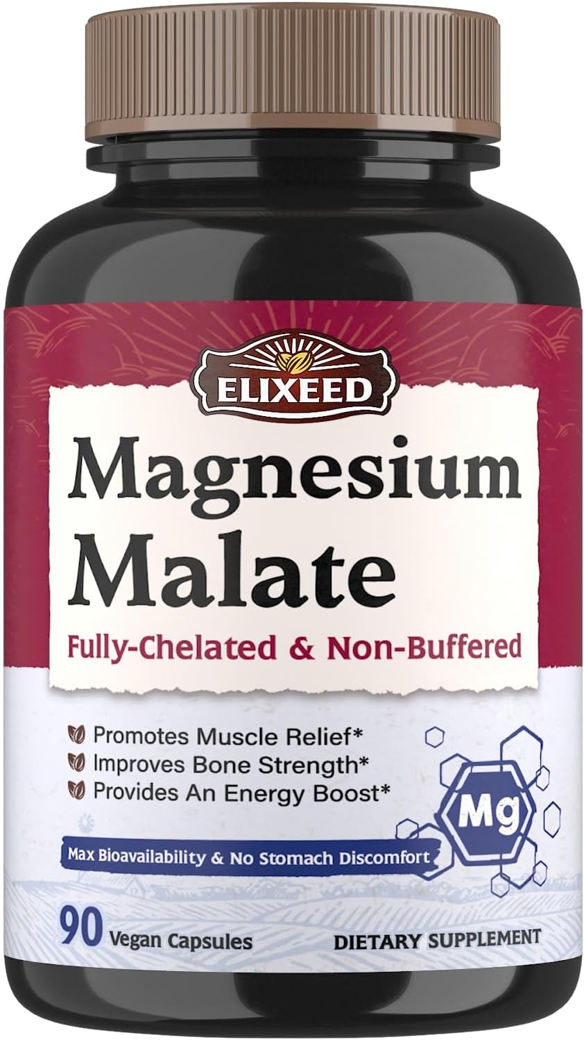 High Absorption Magnesium Malate Capsules for Energy & Muscle Recovery - 90 Vegan Capsules, Chelated Mineral Supplement for Men, Women, & Kids
