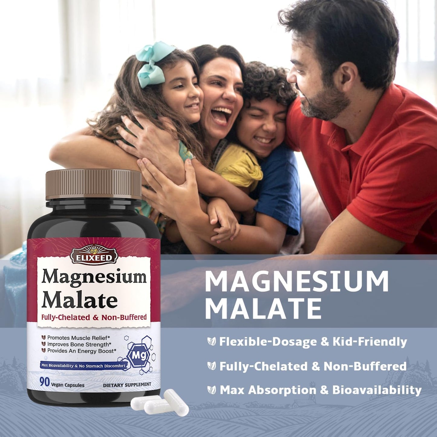 High Absorption Magnesium Malate Capsules for Energy & Muscle Recovery - 90 Vegan Capsules, Chelated Mineral Supplement for Men, Women, & Kids