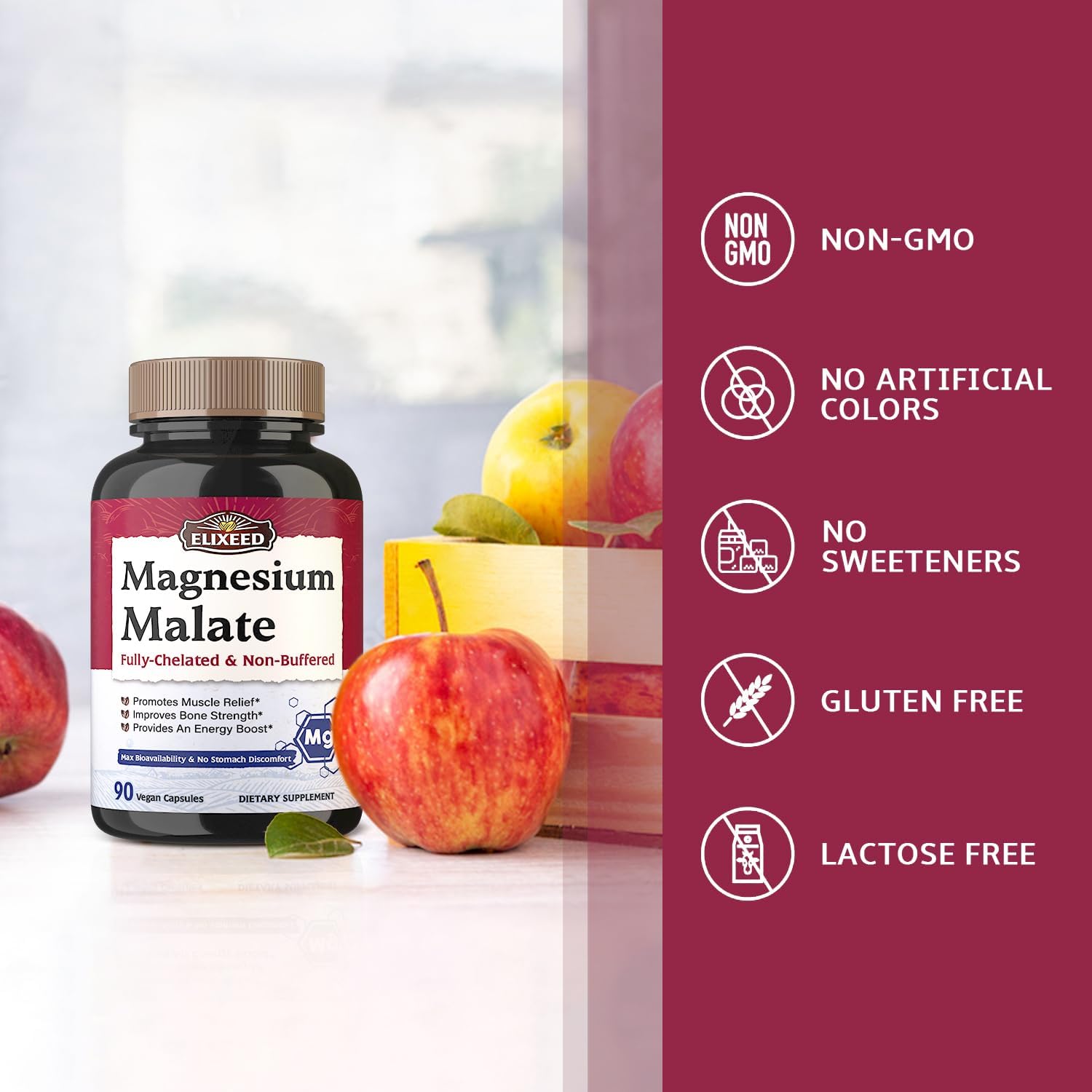 High Absorption Magnesium Malate Capsules for Energy & Muscle Recovery - 90 Vegan Capsules, Chelated Mineral Supplement for Men, Women, & Kids