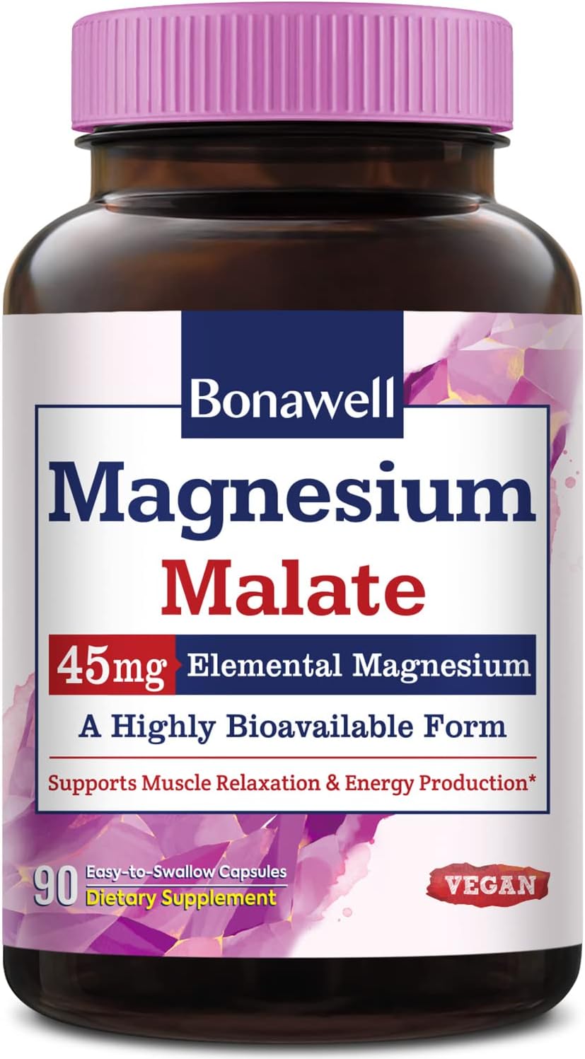 High Absorption Magnesium Malate Capsules for Muscle Relaxation & Energy Production - 45mg Elemental Magnesium - Easy-to-Swallow, Gluten-Free, Vegan - 90 Count