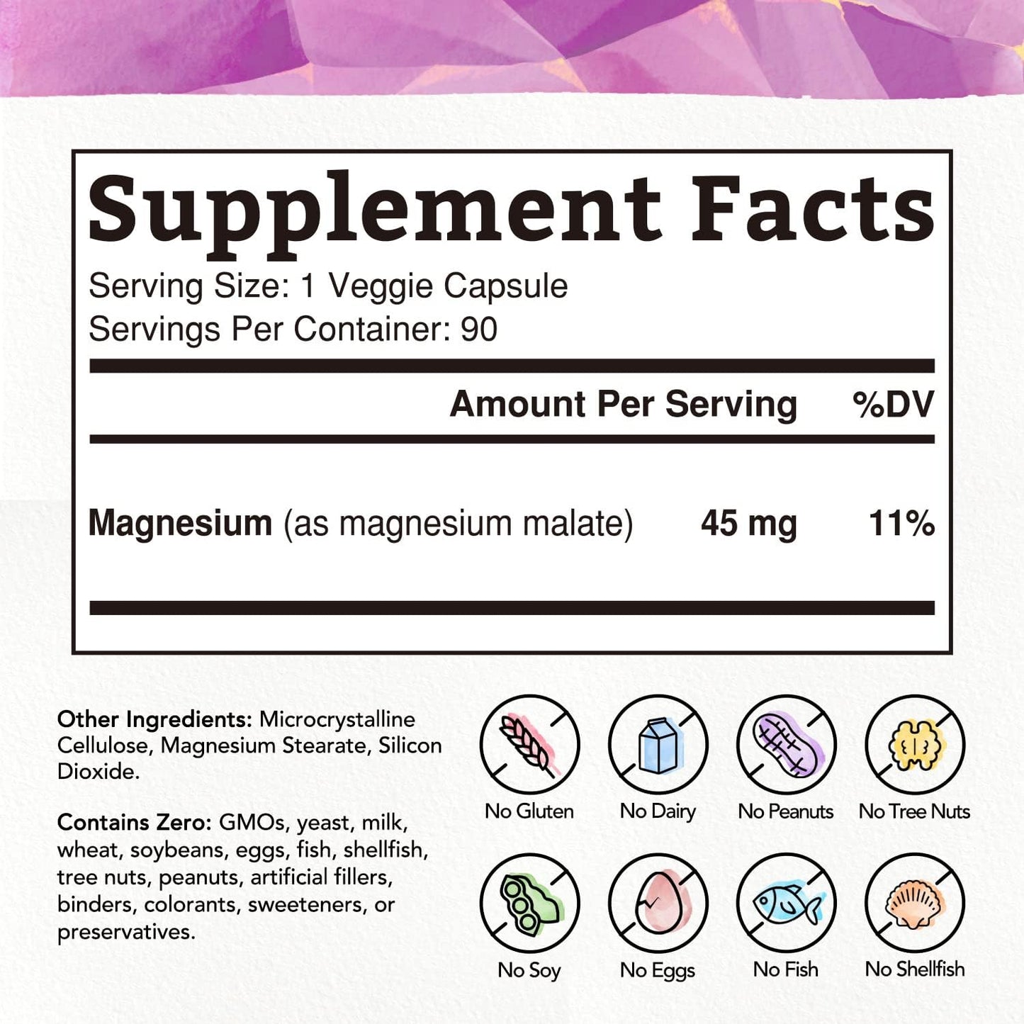 High Absorption Magnesium Malate Capsules for Muscle Relaxation & Energy Production - 45mg Elemental Magnesium - Easy-to-Swallow, Gluten-Free, Vegan - 90 Count