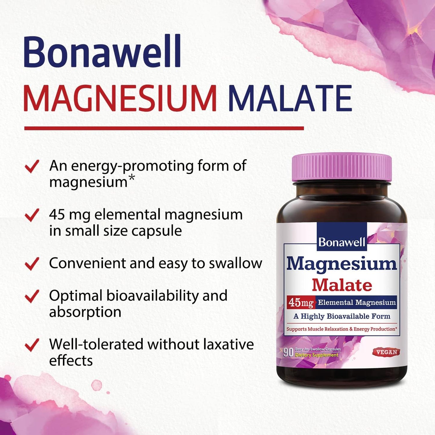 High Absorption Magnesium Malate Capsules for Muscle Relaxation & Energy Production - 45mg Elemental Magnesium - Easy-to-Swallow, Gluten-Free, Vegan - 90 Count