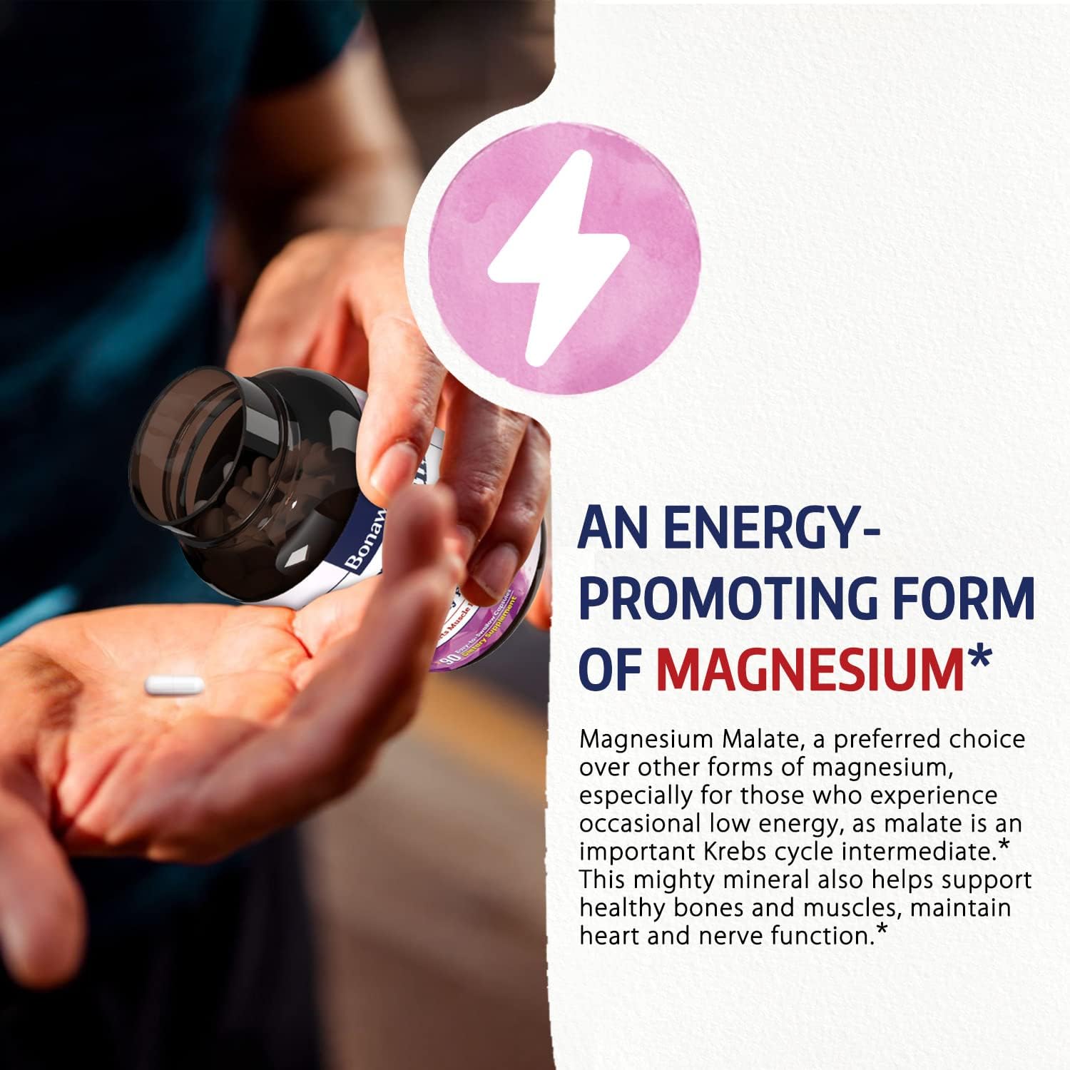 High Absorption Magnesium Malate Capsules for Muscle Relaxation & Energy Production - 45mg Elemental Magnesium - Easy-to-Swallow, Gluten-Free, Vegan - 90 Count