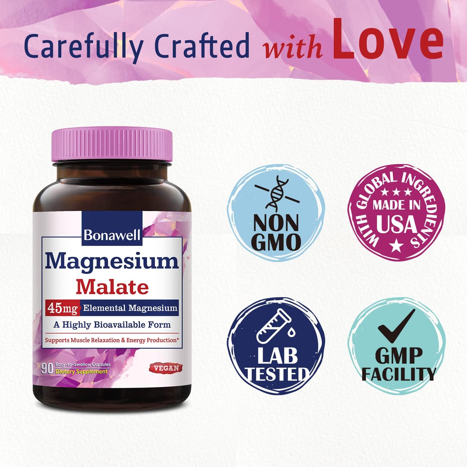 High Absorption Magnesium Malate Capsules for Muscle Relaxation & Energy Production - 45mg Elemental Magnesium - Easy-to-Swallow, Gluten-Free, Vegan - 90 Count