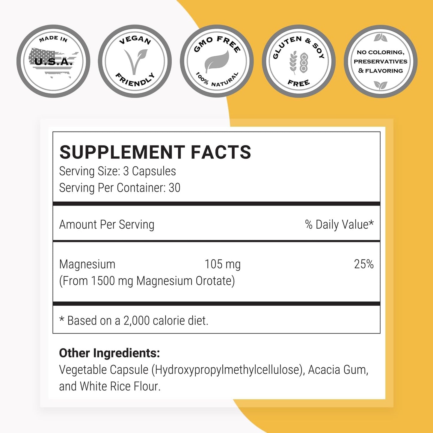 High Absorption Magnesium Orotate Supplement, 1500mg per Day - Non GMO & Gluten Free - 270 Vegetarian Capsules