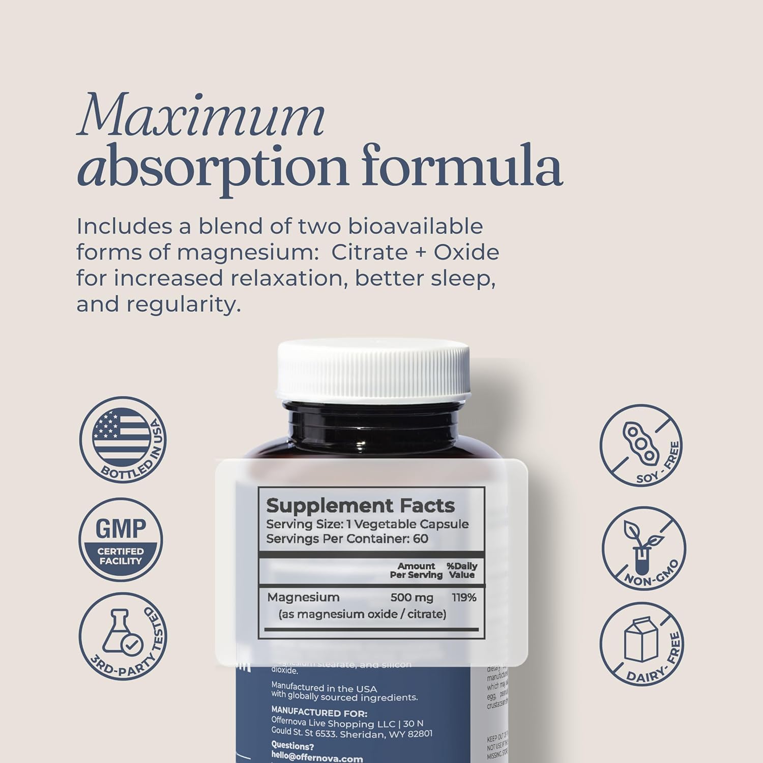 High Absorption Magnesium Ultra Supplement - 500mg Vegan Citrate & Oxide Complex for Sleep, Digestion, Muscle Health - Constipation Relief - Men & Women