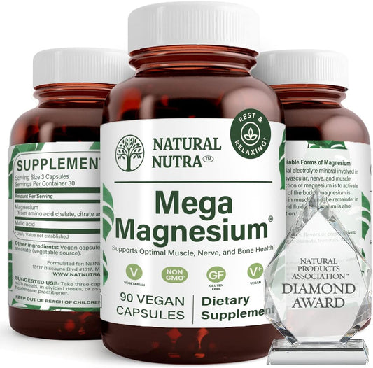 High Absorption Mega Magnesium 400mg Supplement for Muscle Growth, Bone Strength, Heart Health - 180 Capsules - Natural Nutra