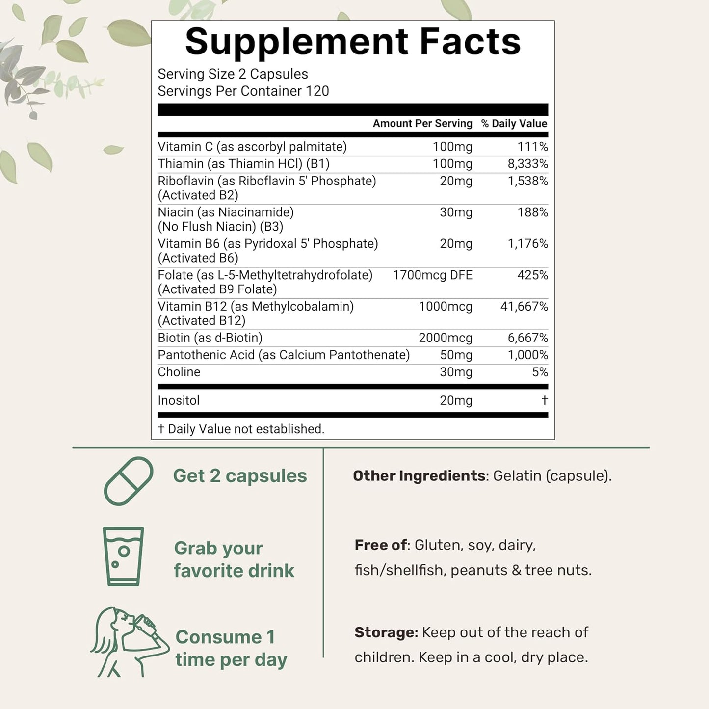 High Absorption Methylated B Complex Capsules with Fat-Soluble Vitamin C - 240 Pure Capsules, 11-in-1 Formula with Active Ingredients