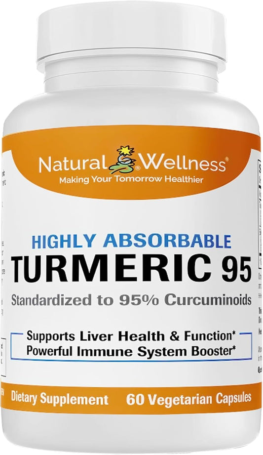 High Absorption Natural Wellness Turmeric 95 with BioPerine® for Joint Health, Immune Support, and Liver Detox - 60 Vegan Capsules