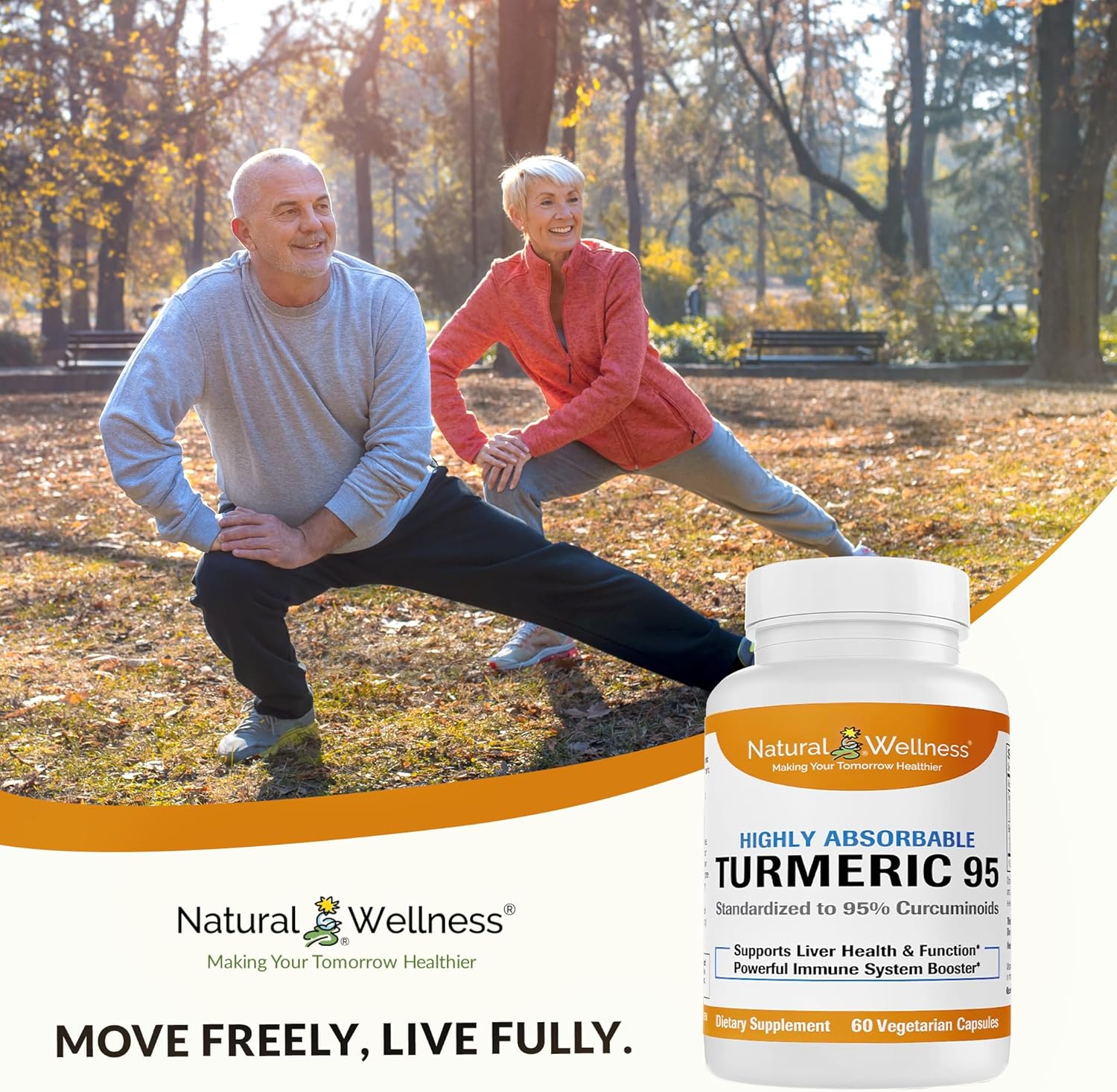High Absorption Natural Wellness Turmeric 95 with BioPerine® for Joint Health, Immune Support, and Liver Detox - 60 Vegan Capsules
