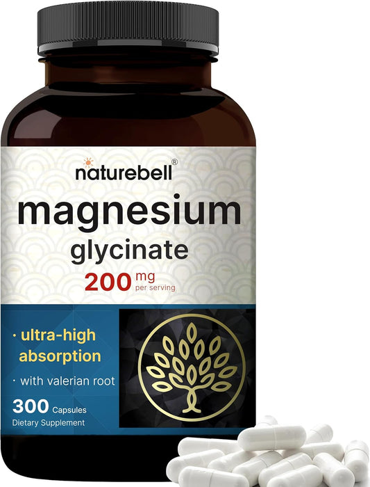 High Absorption NatureBell Pure Magnesium Glycinate with Valerian Root - 200mg, 300 Capsules - Chelated Mineral Supplement for Sleep - Non-GMO, Gluten Free