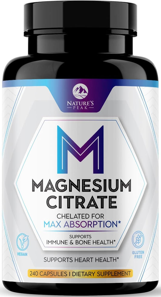 High Absorption Nature's Peak Magnesium Citrate 1000mg Supplement - Muscle, Bone, Nerve & Heart Support - 240 Capsules