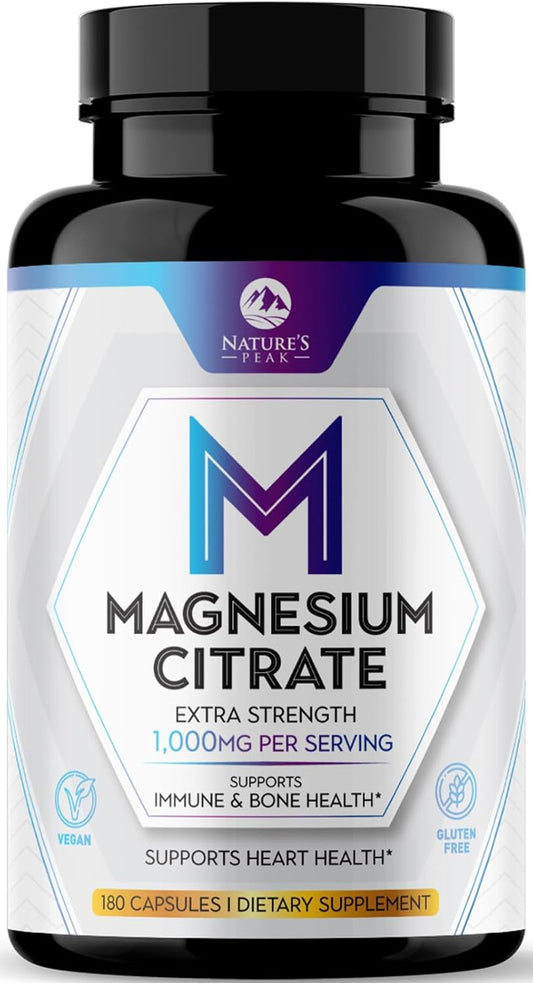 High Absorption Nature's Peak Magnesium Citrate Supplement 1000mg - Supports Muscle, Bone, Nerve & Heart Health - Non-GMO Formula - 180 Capsules