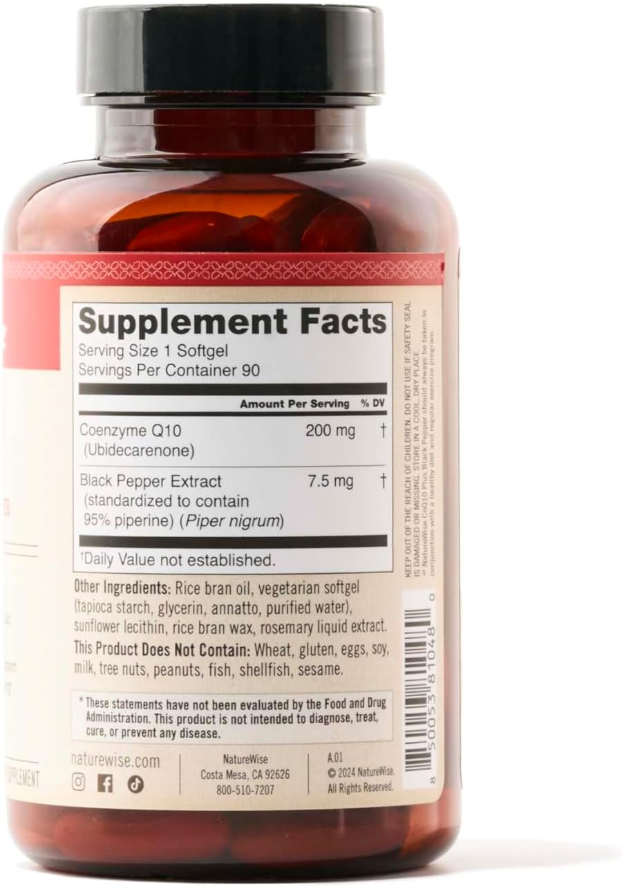 High Absorption NatureWise Coenzyme Q10 200mg Softgels with BioPerine - Heart Health Antioxidant + Cellular Energy - Vegan, Non-GMO, Gluten-Free - 90 Count[3-Month Supply] - BoostGo Australia