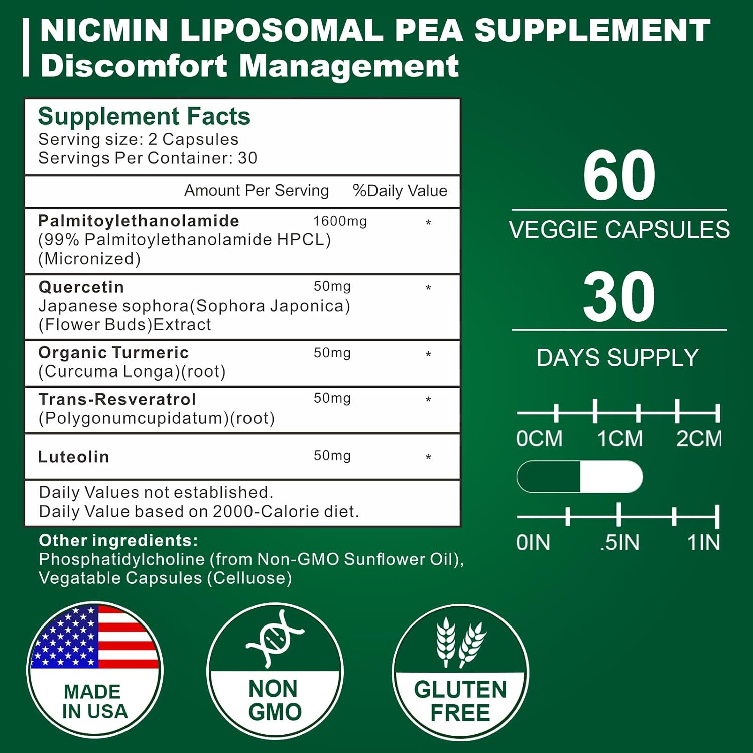 High Absorption NICMIN 1600MG Palmitoylethanolamide Supplement with Luteolin & Quercetin - 180 Capsules