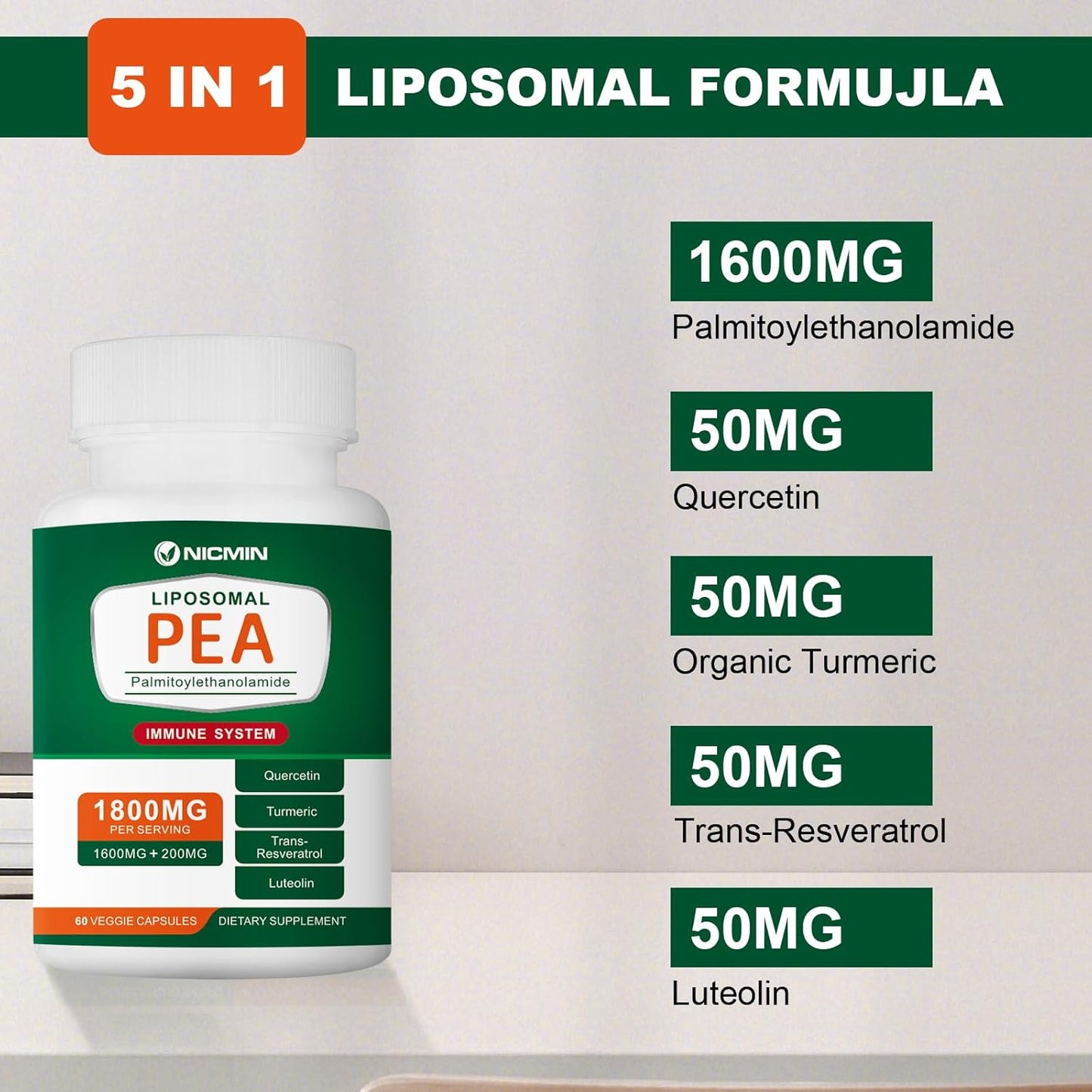 High Absorption NICMIN 1600MG Palmitoylethanolamide 99% with Luteolin & Quercetin Supplement - 60 Capsules