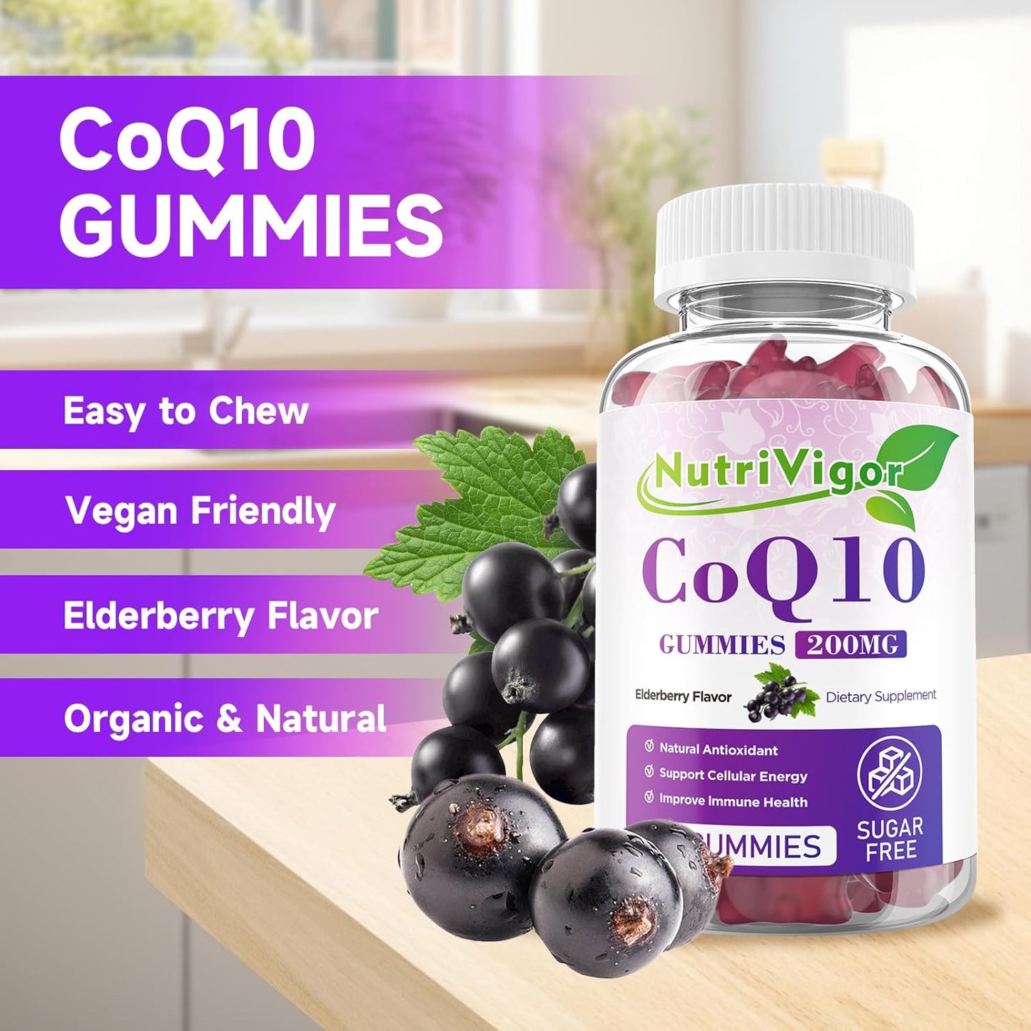 High Absorption NutriVigor CoQ10 Gummies - 200mg Coenzyme Q10 Supplement for Cellular Energy & Immune Health - Vegan & Gluten Free