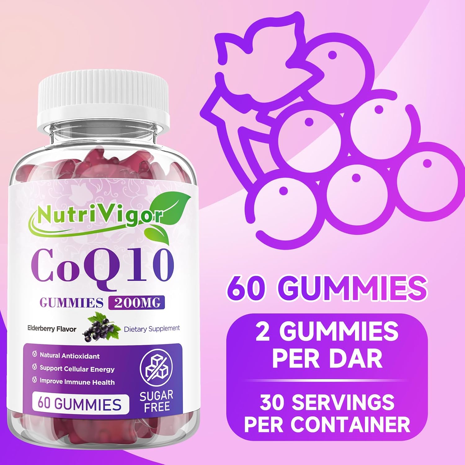 High Absorption NutriVigor CoQ10 Gummies - 200mg Coenzyme Q10 Supplement for Cellular Energy & Immune Health - Vegan & Gluten Free