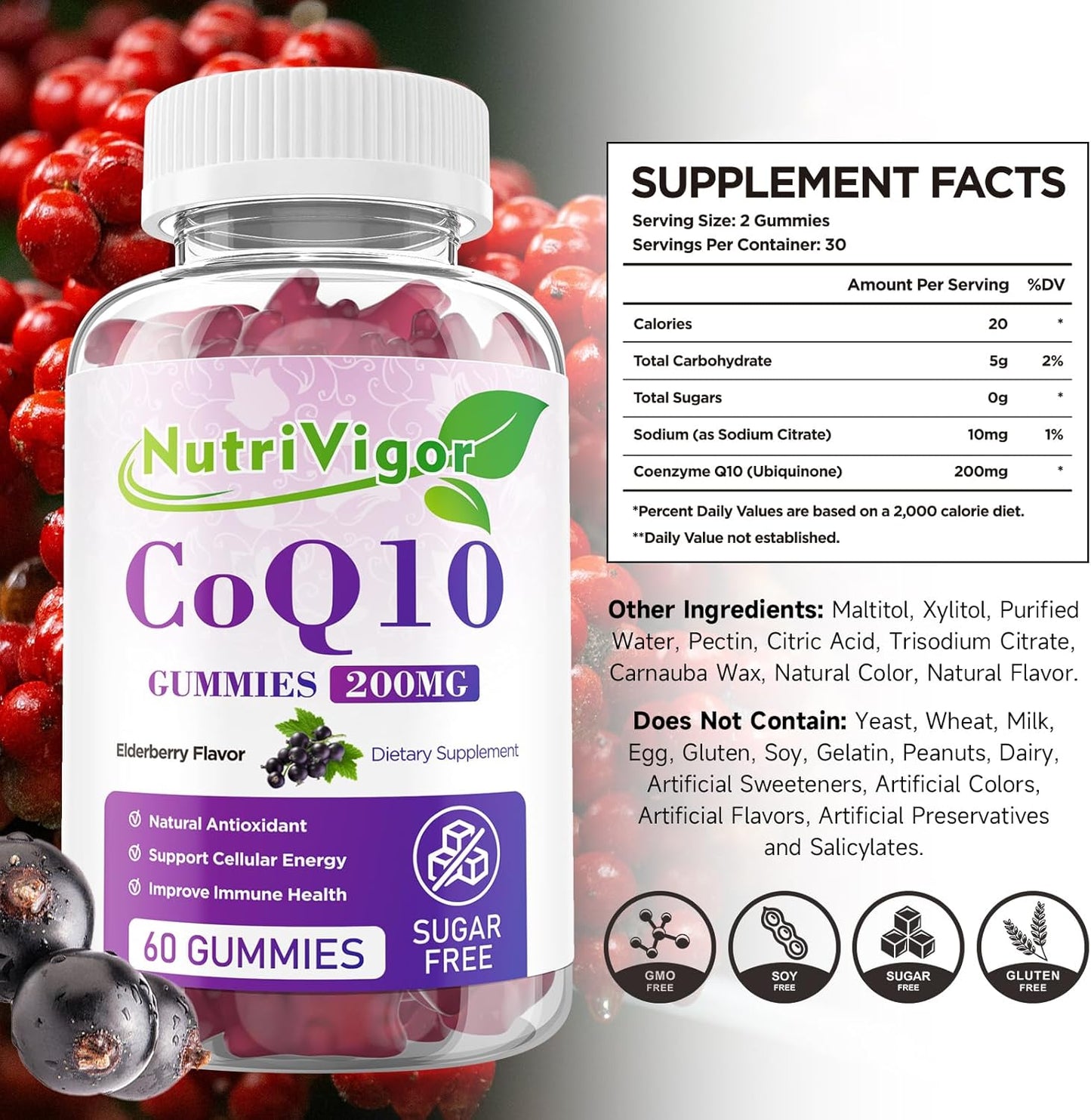 High Absorption NutriVigor CoQ10 Gummies - 200mg Supplement for Cellular Energy & Immune Health - Vegan & Gluten Free - Elderberry Flavor - 60 Count