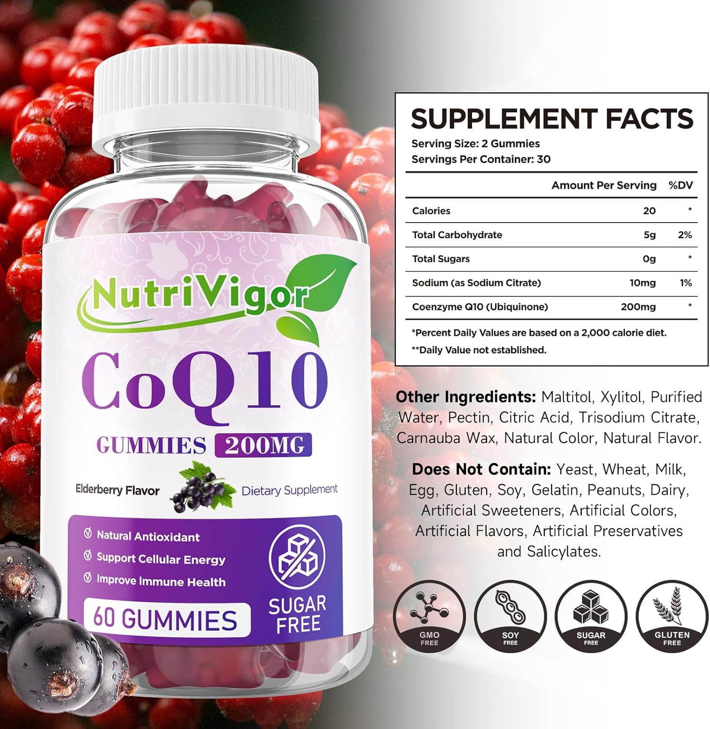 High Absorption NutriVigor CoQ10 Gummies - 200mg Supplement for Cellular Energy & Immune Health - Vegan & Gluten Free - Elderberry Flavor - 60 Count