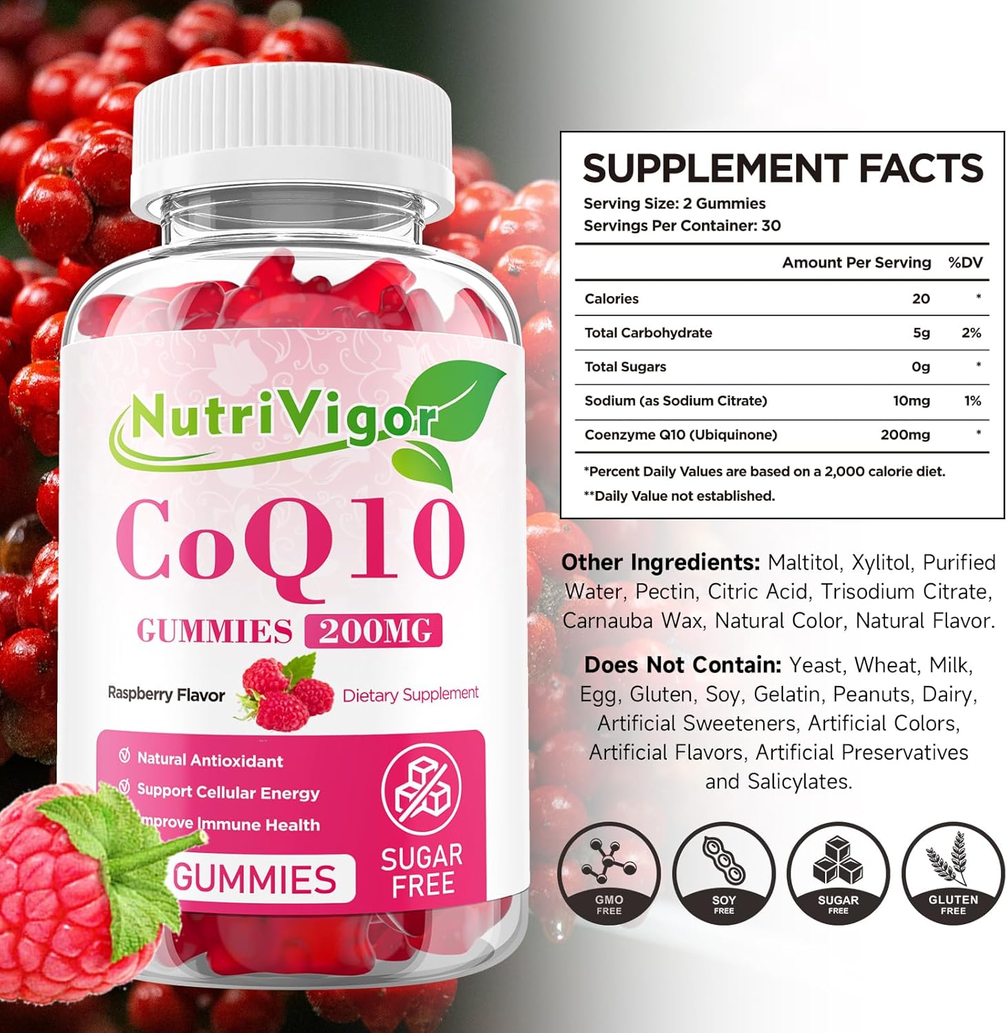 High Absorption NutriVigor CoQ10 Gummies, 200mg Coenzyme Q10 Supplement for Cellular Energy & Immune Health - Vegan & Gluten Free