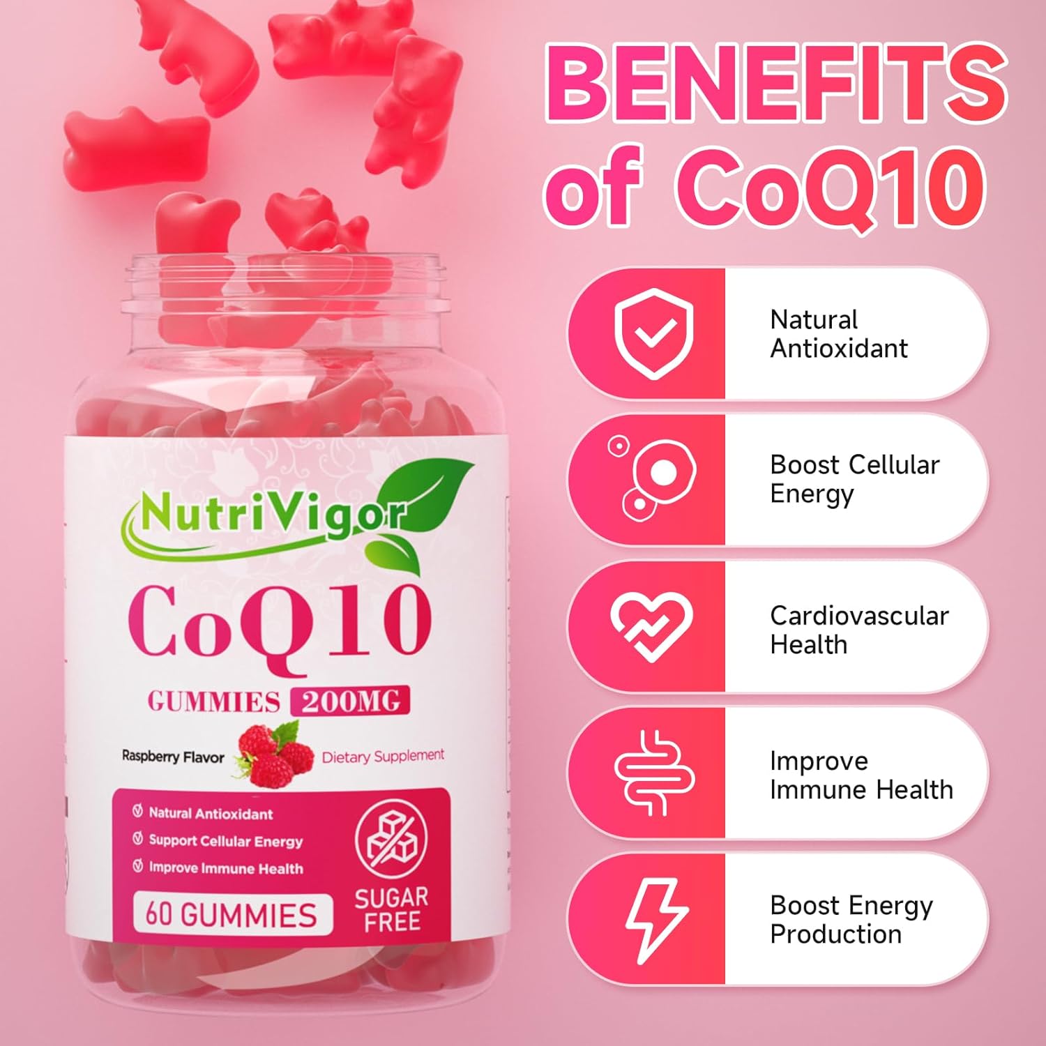 High Absorption NutriVigor CoQ10 Gummies, 200mg Coenzyme Q10 Supplement for Cellular Energy & Immune Health - Vegan & Gluten Free