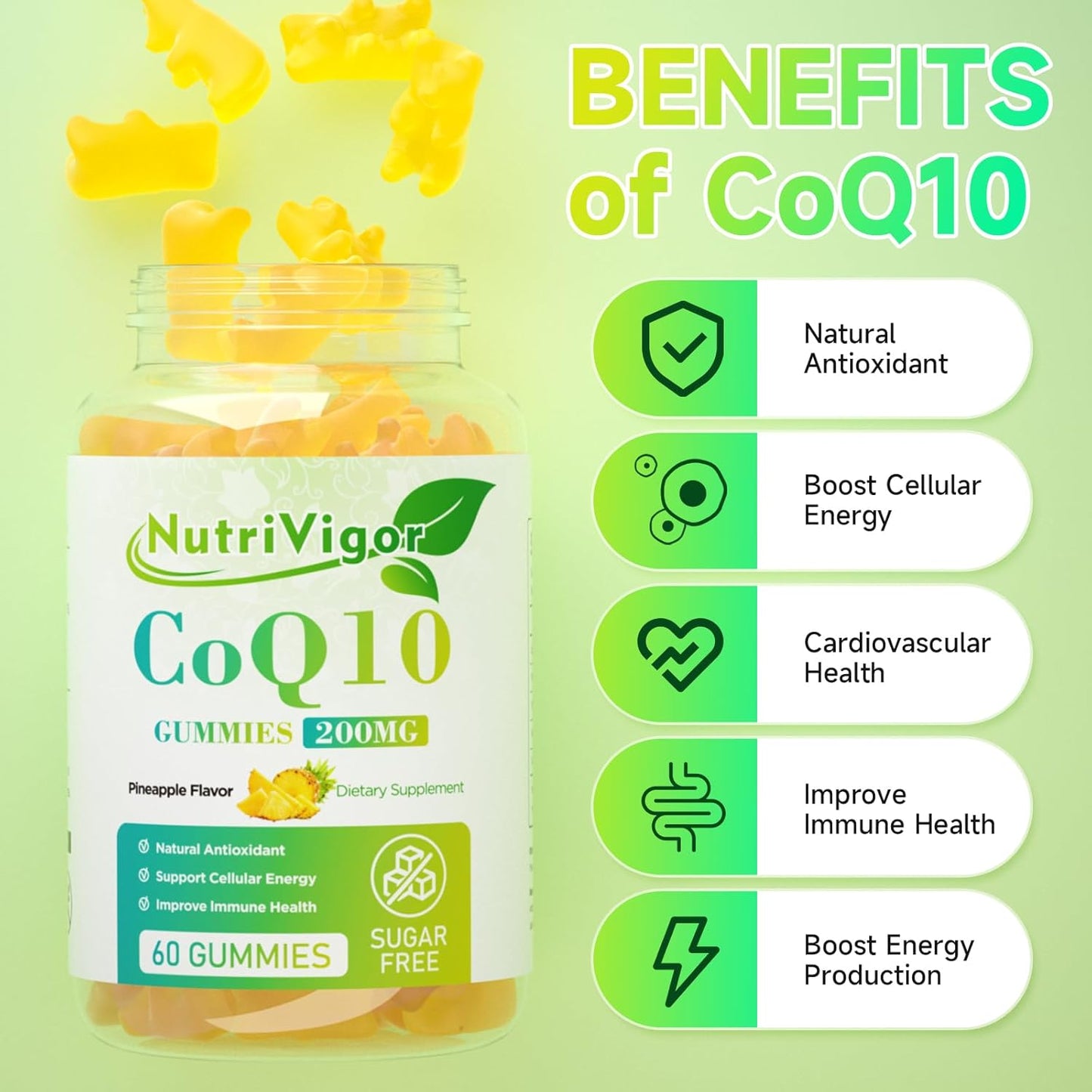 High Absorption NutriVigor CoQ10 Gummies, 200mg Coenzyme Q10 Supplement for Cellular Energy & Immune Health - Vegan & Gluten Free
