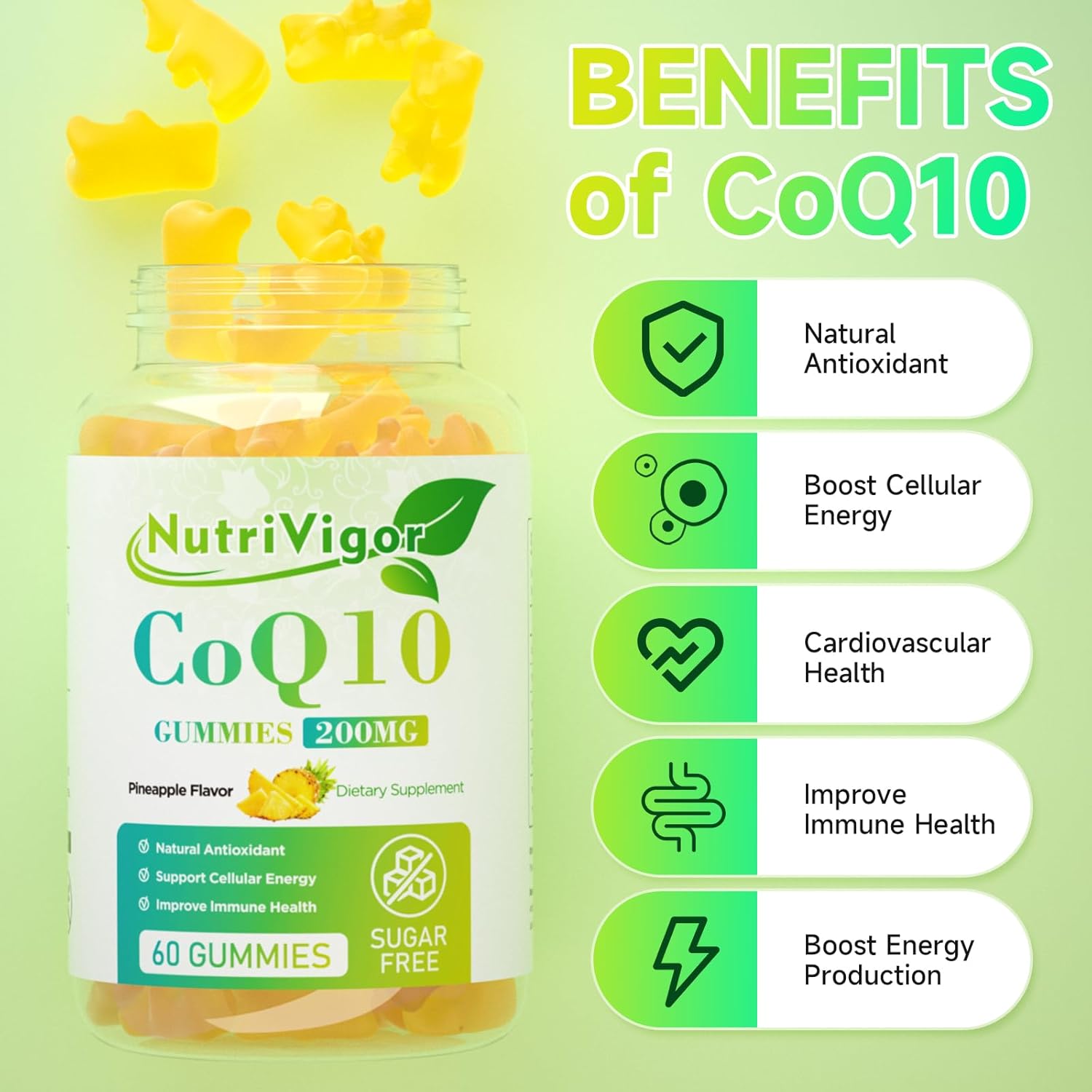 High Absorption NutriVigor CoQ10 Gummies, 200mg Coenzyme Q10 Supplement for Cellular Energy & Immune Health - Vegan & Gluten Free