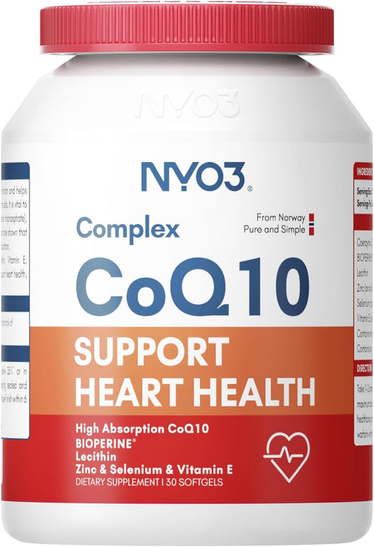 High Absorption NYO3 CoQ10 120mg with BioPerine and Vitamin E - Antioxidant Support for Heart Health - Gluten Free - 30 Days Supply