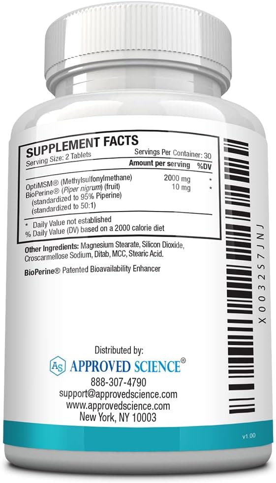 High Absorption OptiMSM 2000 mg Tablets for Joint, Muscle, and Skin Health - Immune Boosting Vegan Supplement - Fast Absorption - Non-GMO - Made in USA