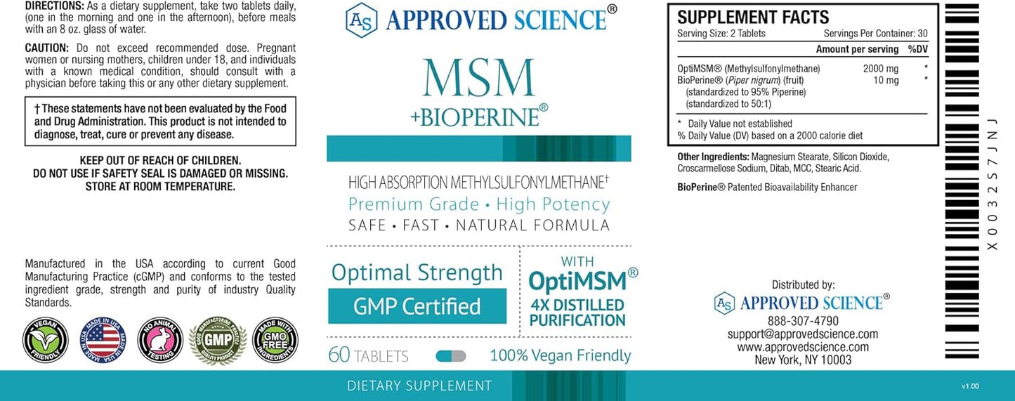 High Absorption OptiMSM 2000 mg Tablets for Joint, Muscle, and Skin Health - Immune Boosting Vegan Supplement - Fast Absorption - Non-GMO - Made in USA