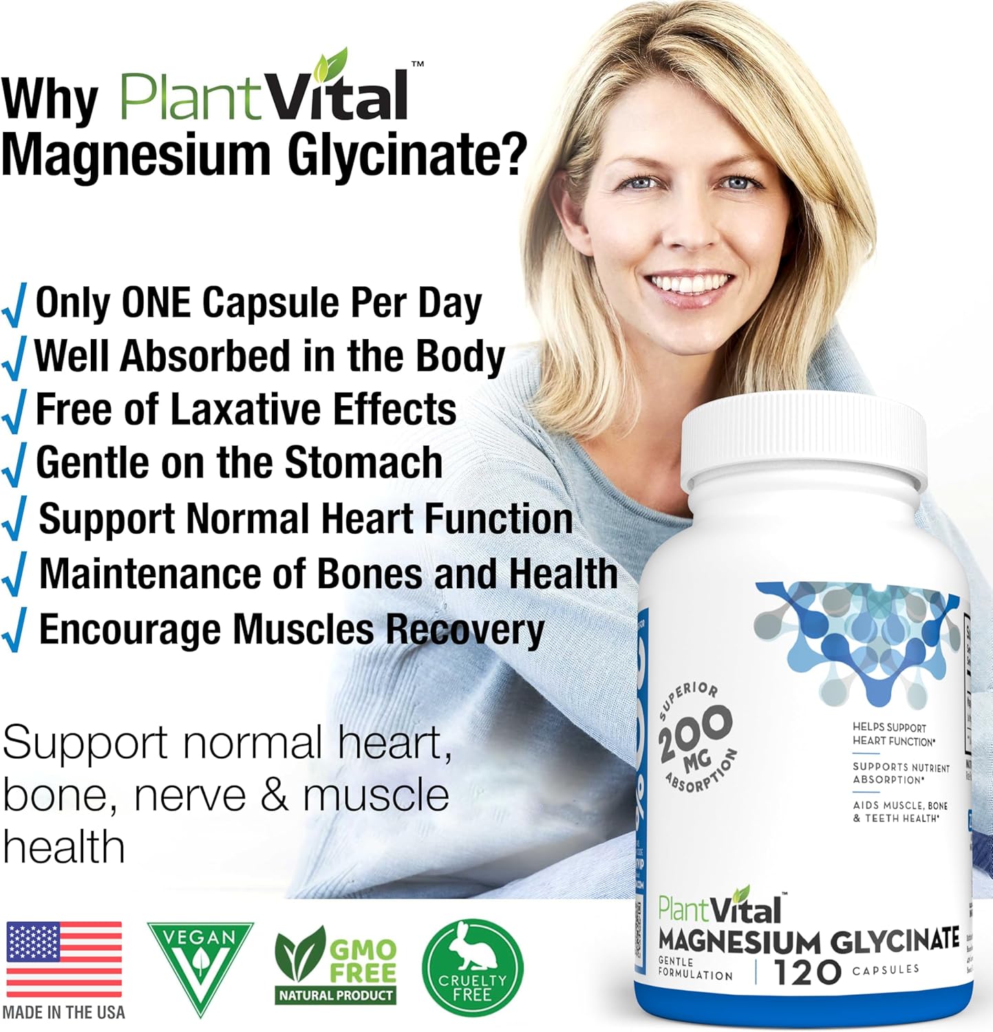 High Absorption PlantVital Magnesium Glycinate Capsules - 200mg, 120 Count - Non-GMO, Vegan, Gluten-Free - Promotes Sleep, Muscle & Nerve Function, Heart & Bone Health, Calm & Relaxation