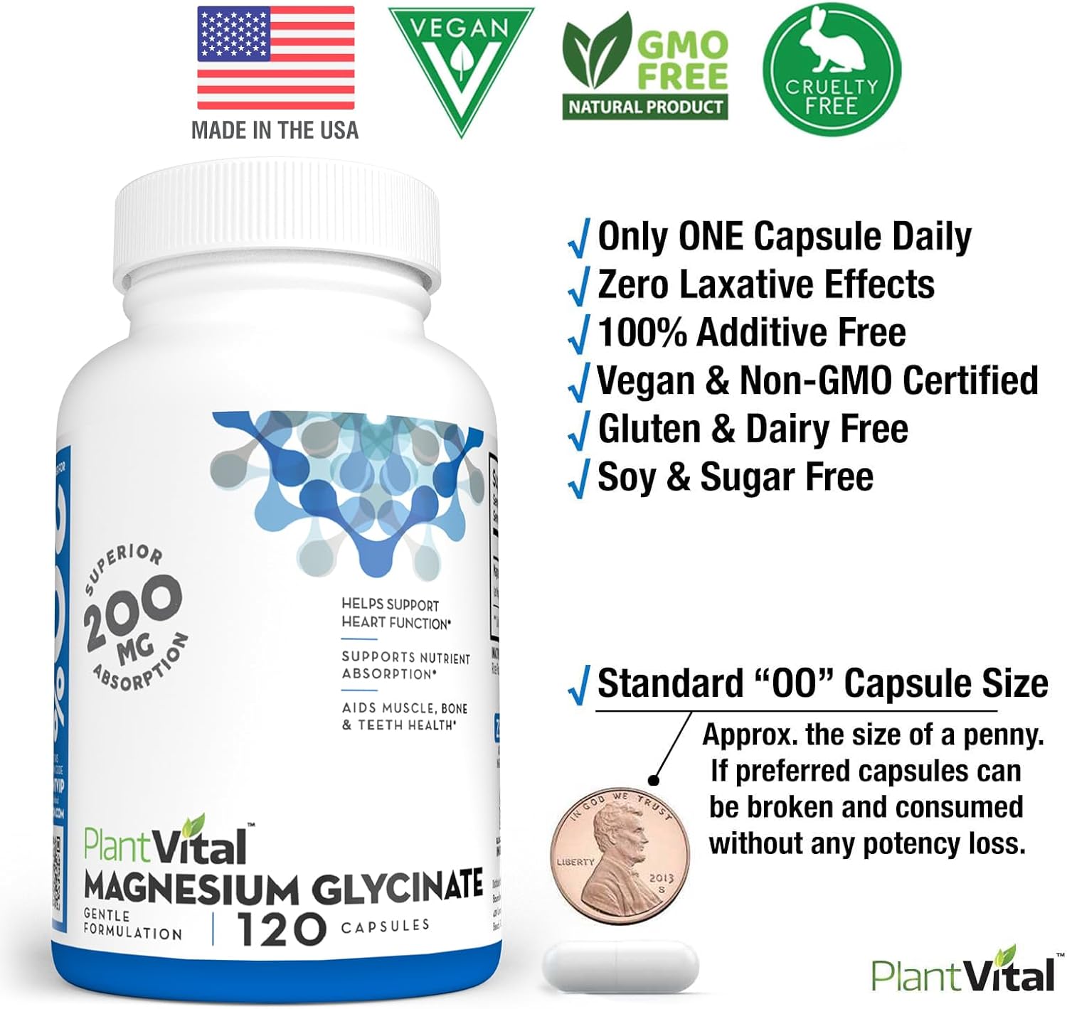 High Absorption PlantVital Magnesium Glycinate Capsules - 200mg, 120 Count - Non-GMO, Vegan, Gluten-Free - Promotes Sleep, Muscle & Nerve Function, Heart & Bone Health, Calm & Relaxation
