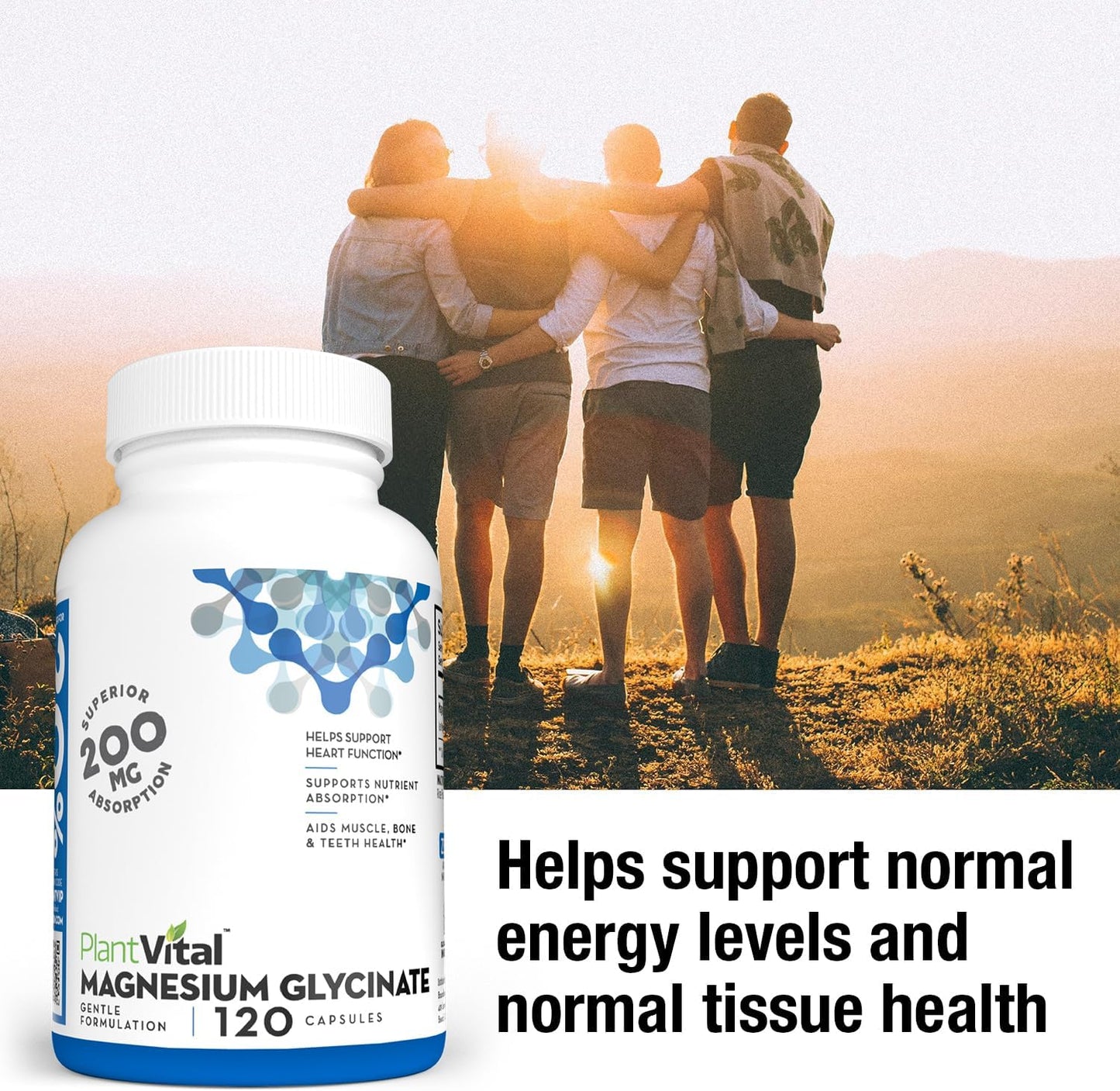 High Absorption PlantVital Magnesium Glycinate Capsules - 200mg, 120 Count - Non-GMO, Vegan, Gluten-Free - Promotes Sleep, Muscle & Nerve Function, Heart & Bone Health, Calm & Relaxation