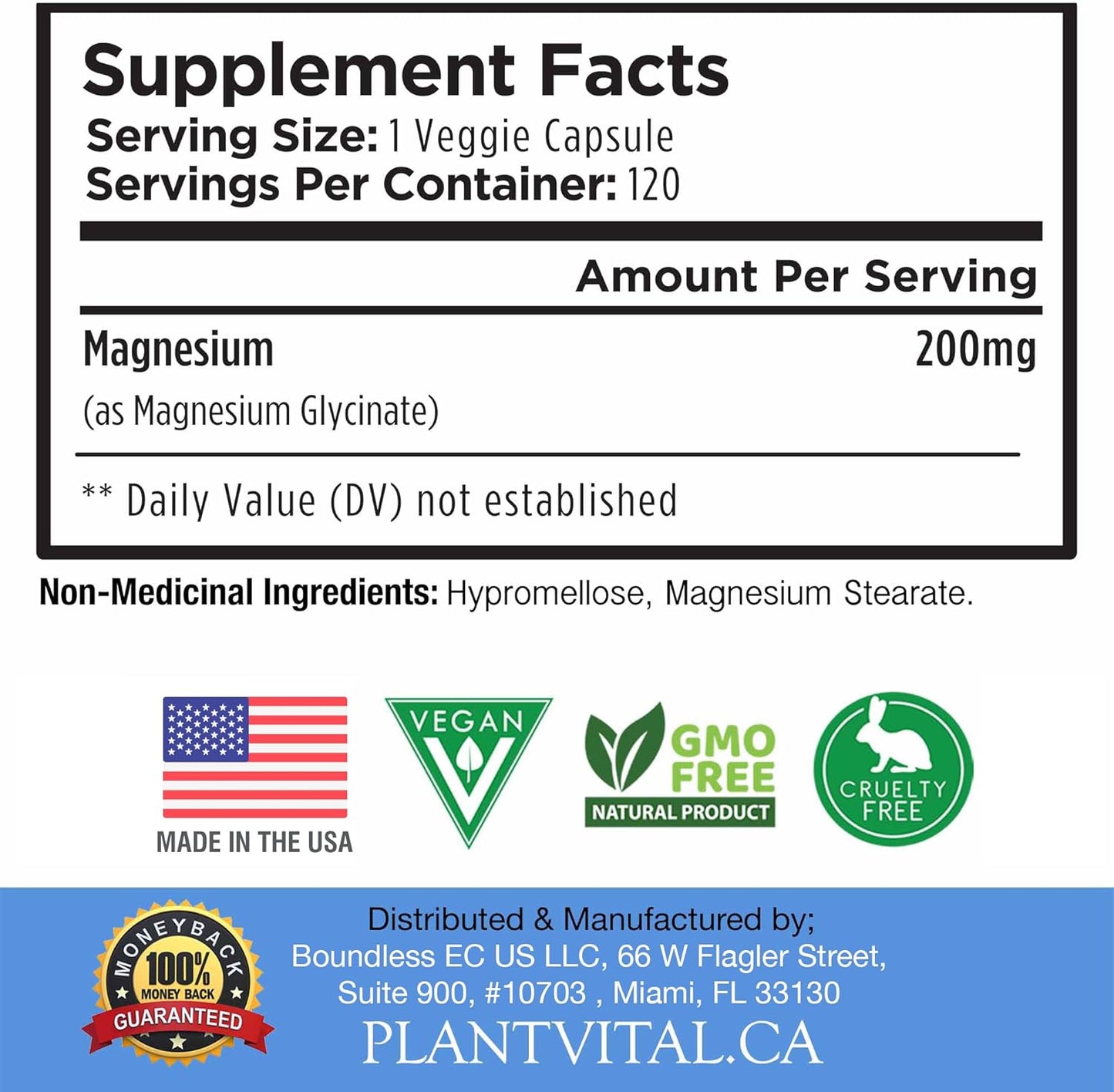 High Absorption PlantVital Magnesium Glycinate Capsules - 200mg, 120 Count - Non-GMO, Vegan, Gluten-Free - Promotes Sleep, Muscle & Nerve Function, Heart & Bone Health, Calm & Relaxation