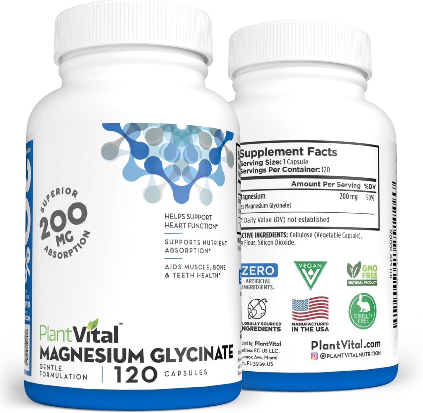 High Absorption PlantVital Magnesium Glycinate Capsules - 200mg, 120 Count - Non-GMO, Vegan, Gluten-Free - Promotes Sleep, Muscle & Nerve Function, Heart & Bone Health, Calm & Relaxation