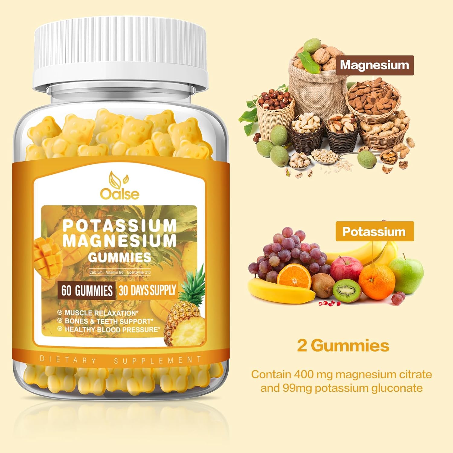 High Absorption Potassium Magnesium Gummies - 99mg Potassium Citrate, 400mg Magnesium Citrate - Chewable Mango Pineapple Gummy Supplements for Adults & Kids - 60 Count