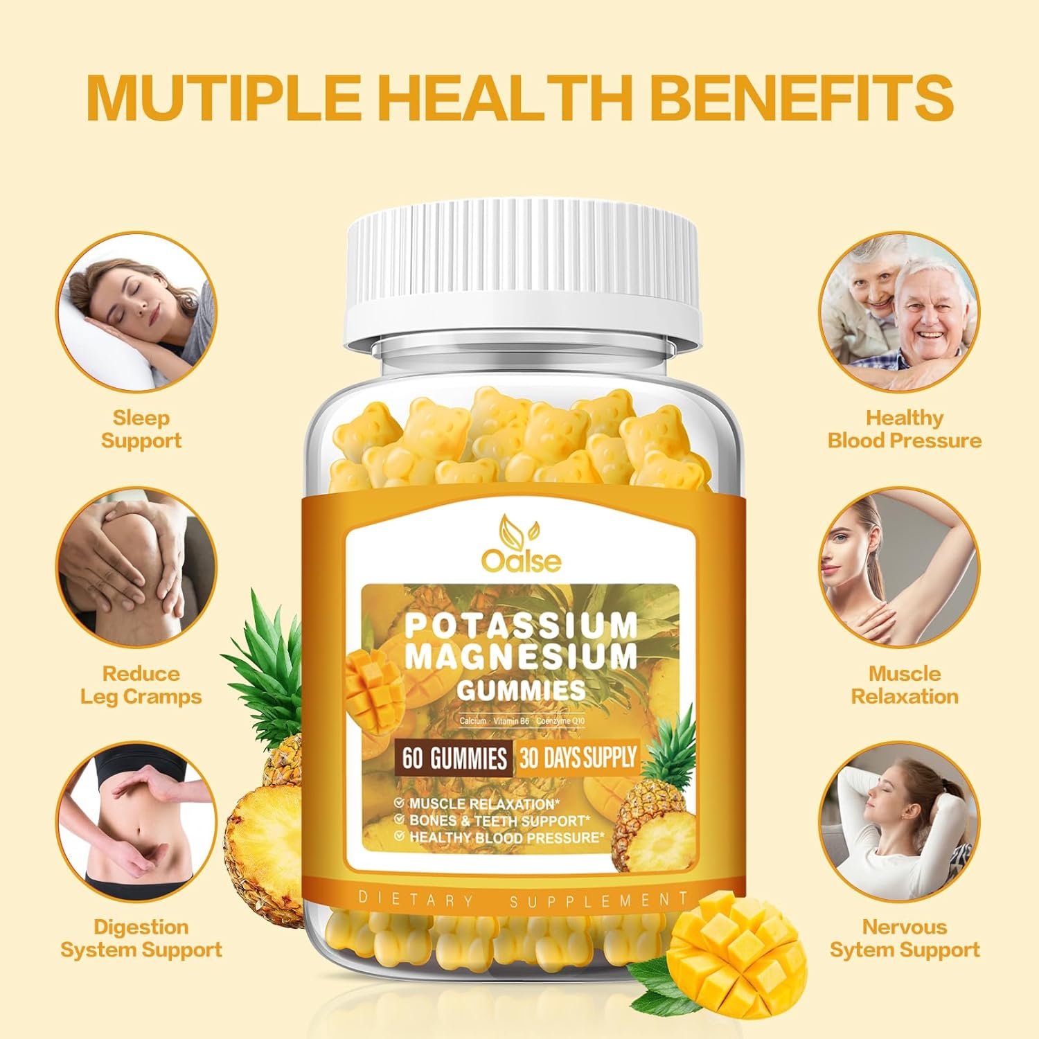 High Absorption Potassium Magnesium Gummies - 99mg Potassium Citrate, 400mg Magnesium Citrate - Chewable Mango Pineapple Gummy Supplements for Adults & Kids - 60 Count