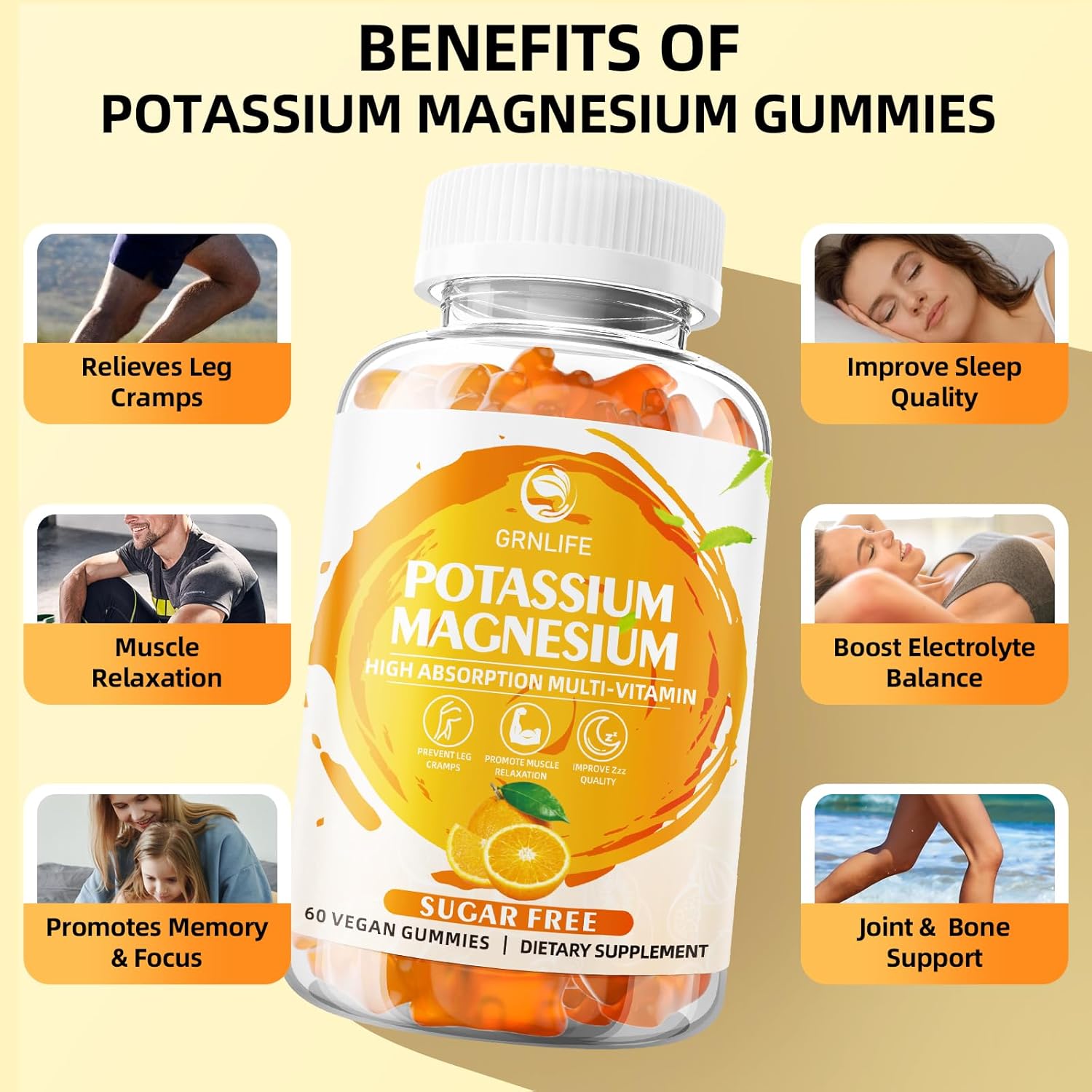 High Absorption Potassium Magnesium Gummies for Adults - 120 Count, Sugar-Free & Vegan Orange Flavor Supplement for Leg Cramps & Immune Health by GrnLife