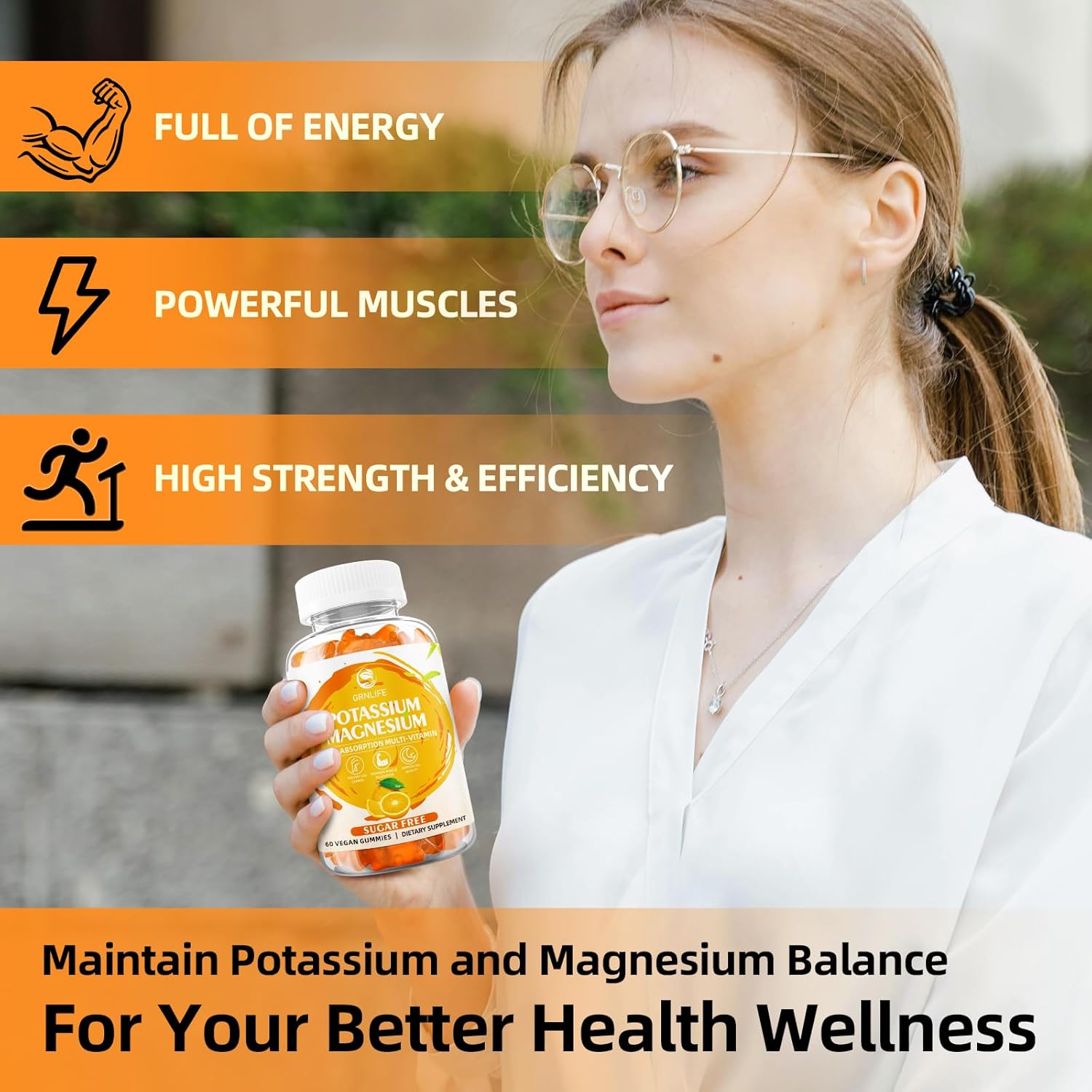 High Absorption Potassium Magnesium Gummies for Adults - 120 Count, Sugar-Free & Vegan Orange Flavor Supplement for Leg Cramps & Immune Health by GrnLife